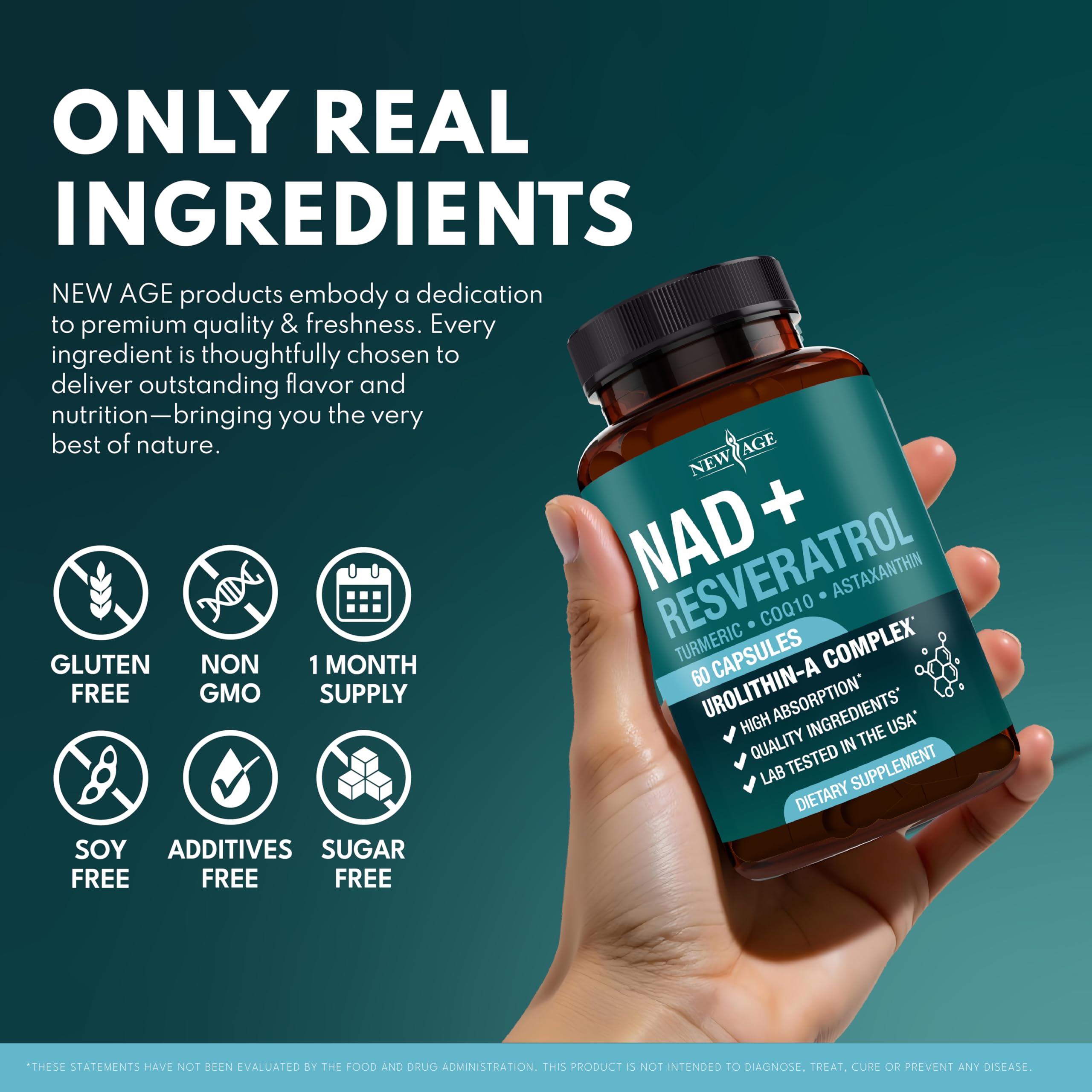 NEW AGE NAD+ Supplement Complex – NAD+ 300 mg with Astaxanthin, Urolithin A, Resveratrol, CoQ10 & Antioxidant Blend – Cellular Energy, Support or Women & Men – Vegan, Non-GMO- 120 Count NEW AGEAu supplements