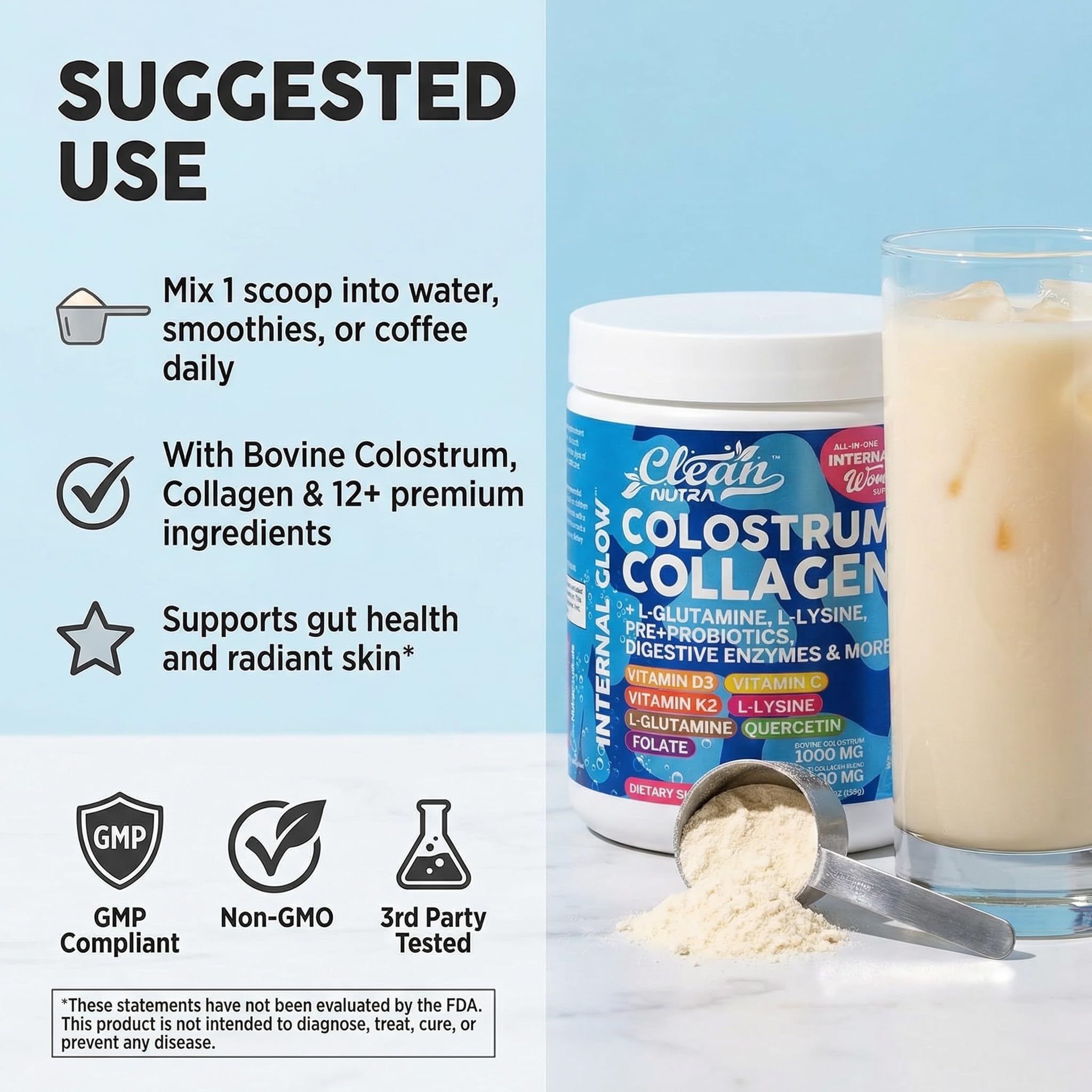 Bovine Colostrum Powder + Collagen Peptides with L-Glutamine L-Lysine Prebiotics Probiotics Digestive Enzymes Vitamin D K2 C Quercetin & Folate | Gut Health Supplement Internal Glow By Clean Nutra Clean NutraceuticalsAu supplements