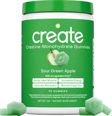 Create Creatine Monohydrate Gummies for Men & Women, Boost Focus, Strength, and Endurance, Anti-Melting Formula, Vegan, Gluten-Free, Non-GMO, 1.5g of Creatine per Gummy (Sour Green Apple) CreateAu supplements