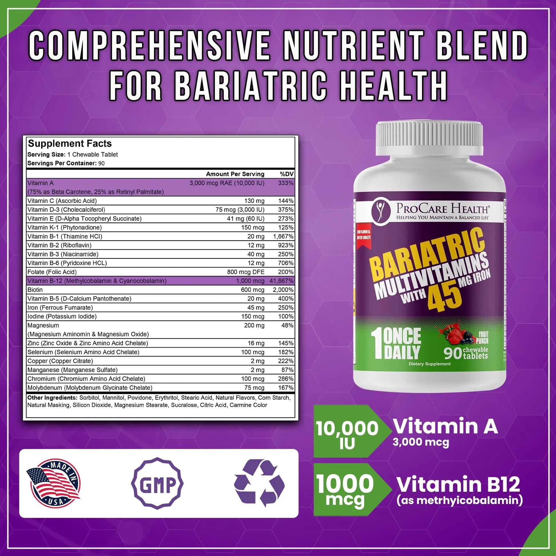 Procare Health Bariatric Multivitamin with Iron 45mg Chewable (90 Tablets) - Fruit Punch Flavor Bariatric Multivitamin Chewable Pills for Gastric Bypass ProCare HealthAu supplements