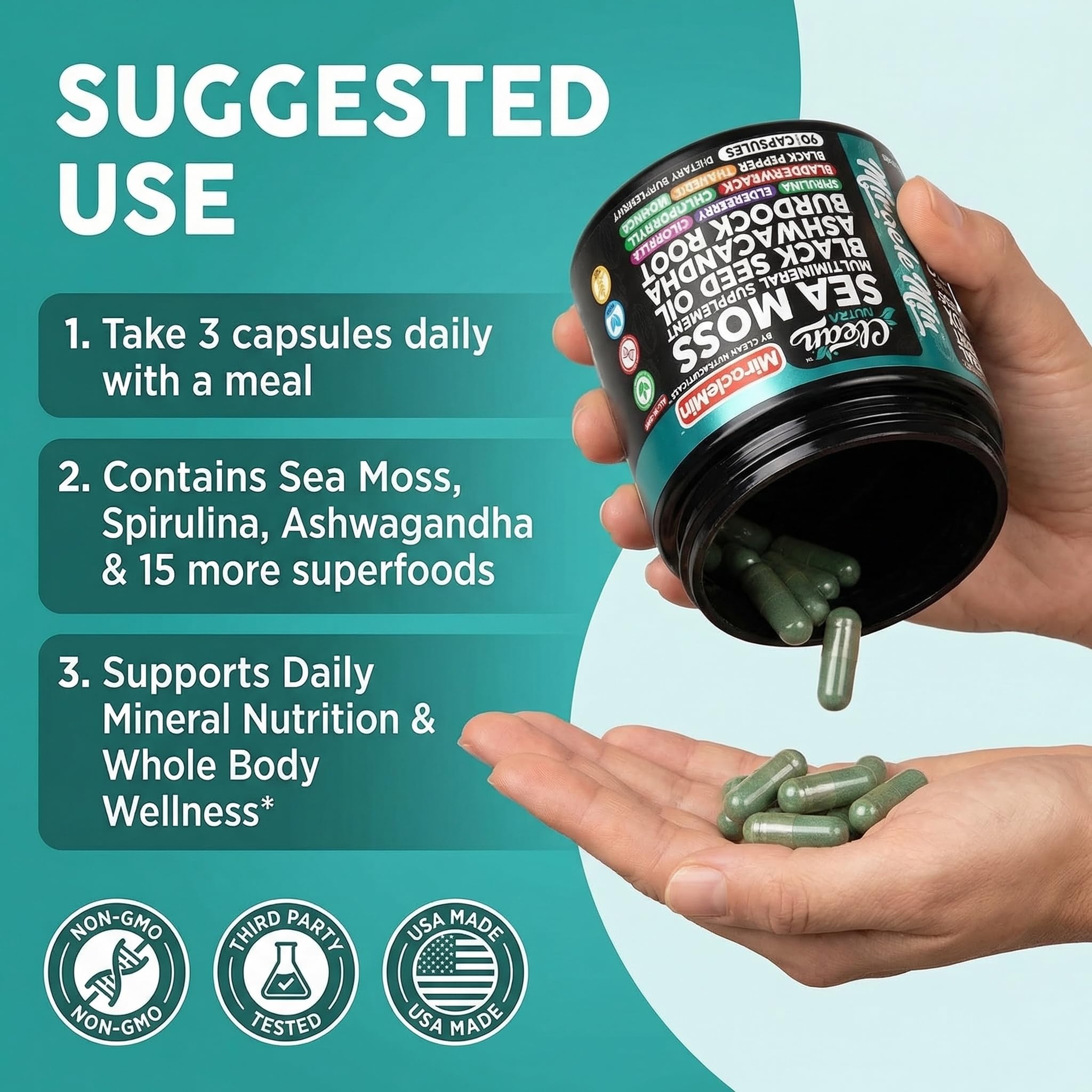 Clean Nutra Organic Sea Moss Capsules with Ashwagandha, Black Seed Oil, Burdock Root, Bladderwrack, Moringa, Chlorella, Spirulina, Turmeric, Elderberry, Amla – 90 Vegan Capsules – MiracleMin Clean NutraceuticalsAu supplements