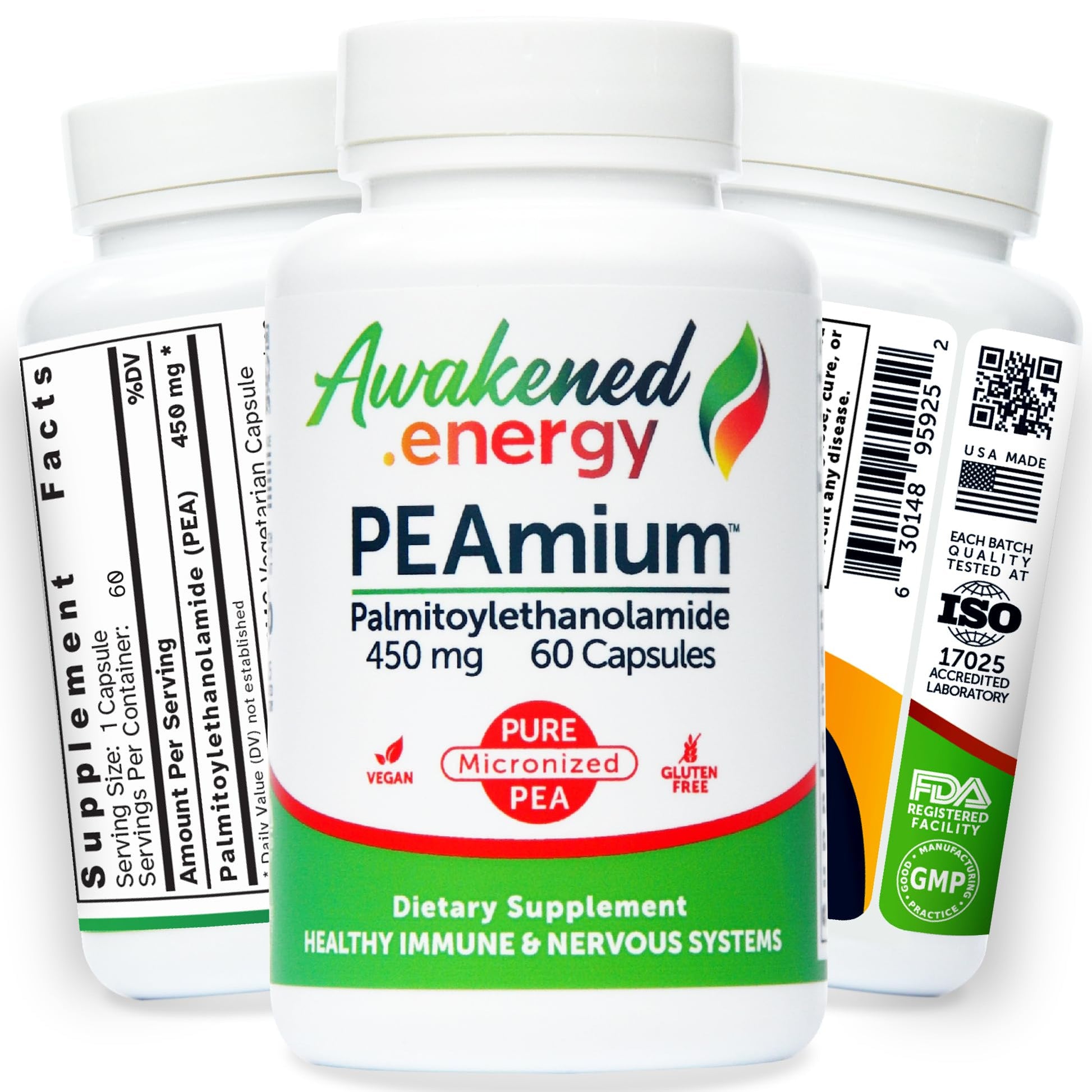 Palmitoylethanolamide 450mg Comfort Mobility Nerves Cognitive & Immune Support - Micronized High Absorption - All Natural Pea - USA Made - No Additives or Excipients – 60 Vegan Capsules Supplement Awakened.energyAu supplements