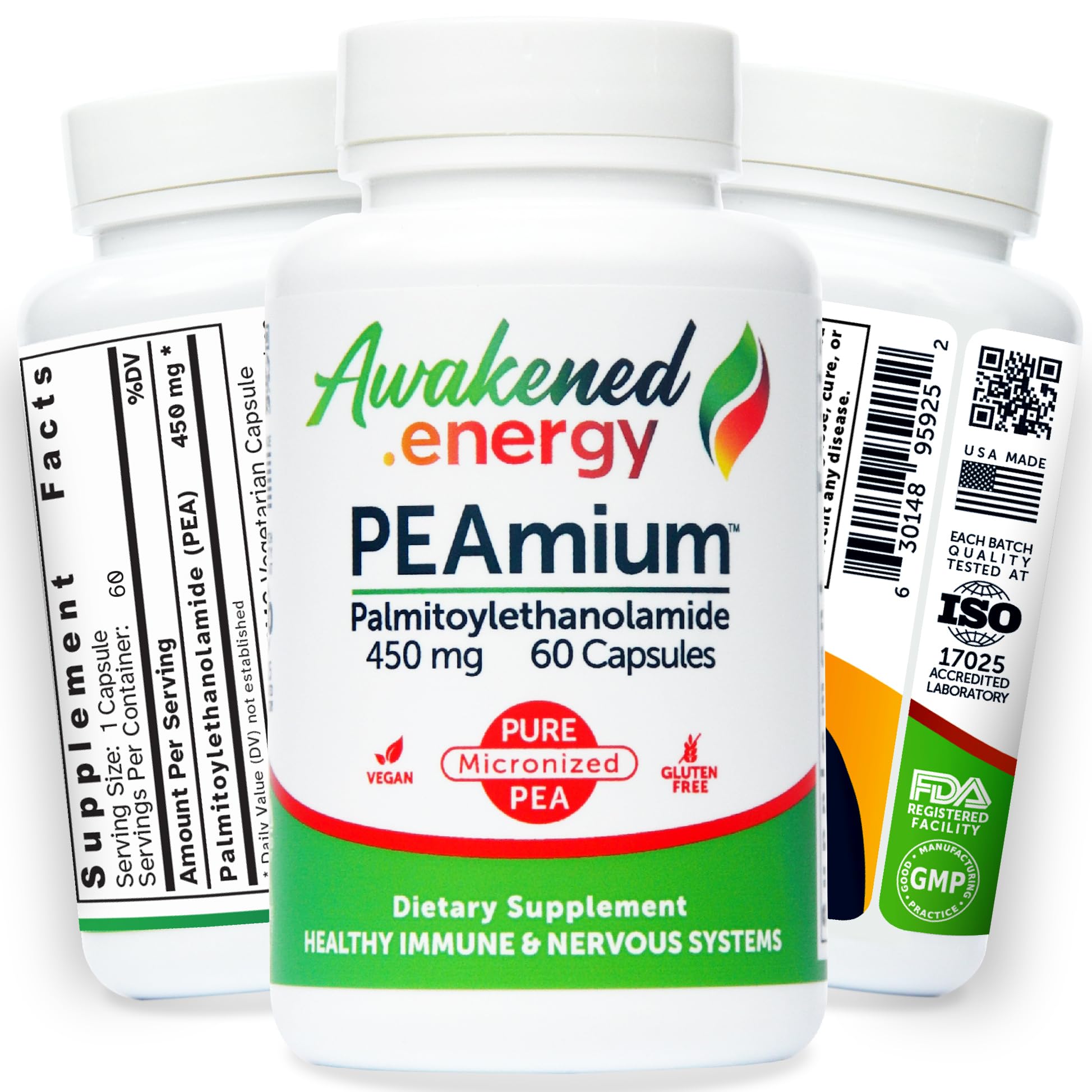 Palmitoylethanolamide 450mg Comfort Mobility Nerves Cognitive & Immune Support - Micronized High Absorption - All Natural Pea - USA Made - No Additives or Excipients – 60 Vegan Capsules Supplement Awakened.energyAu supplements