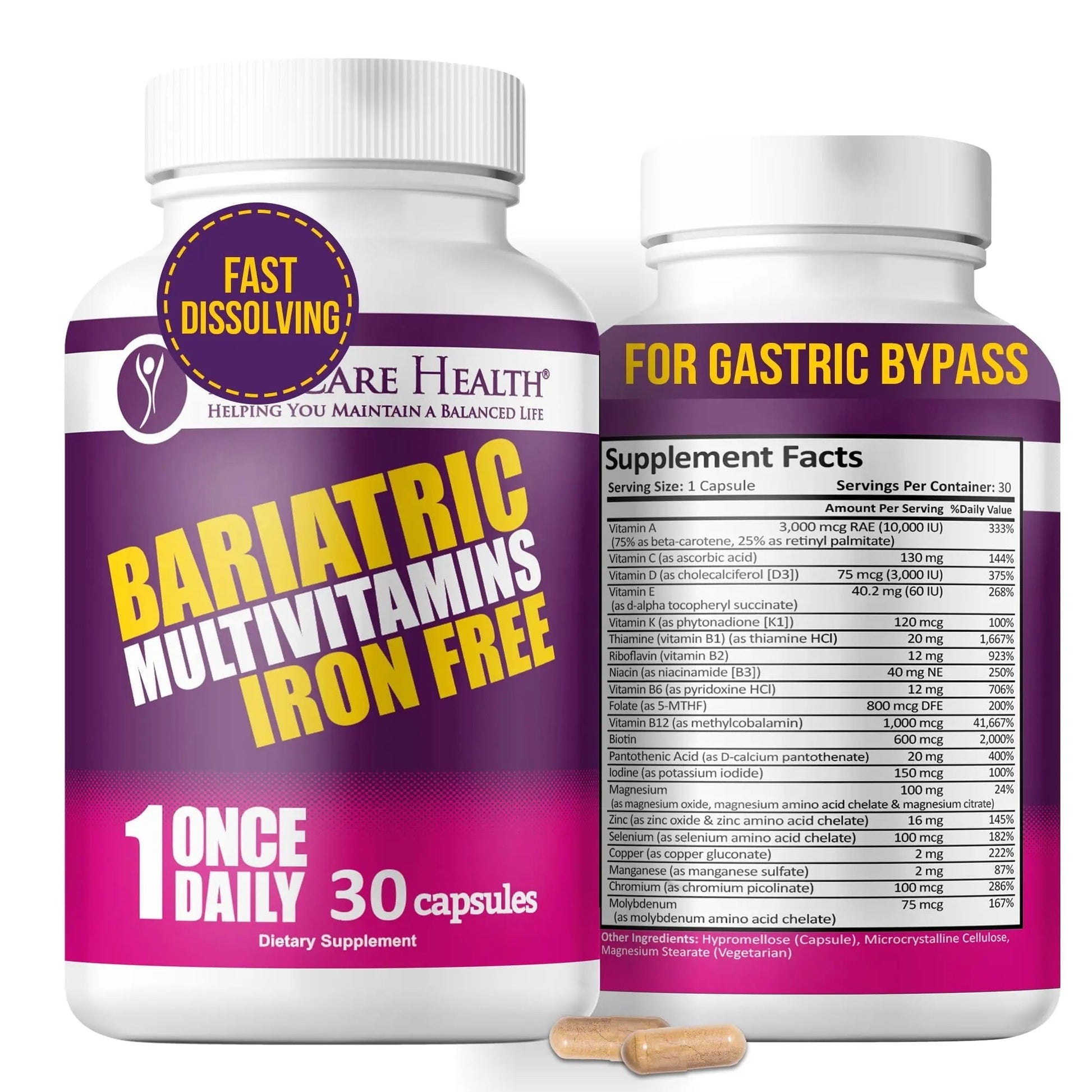 Procare Health Bariatric Multivitamin with Iron Free (30 Fast Dissolving Veggie Capsule) - Bariatric Vitamins for Gastric Sleeve & Gastric Bypass ProCare HealthAu supplements