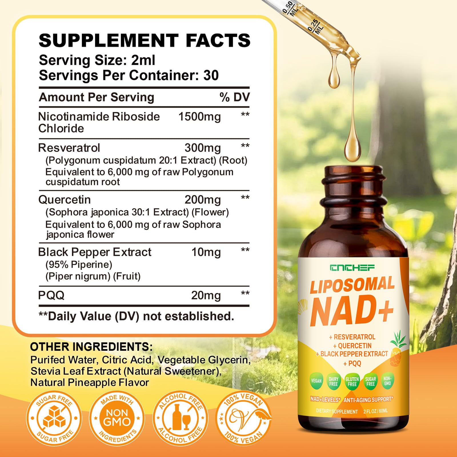 CNCHEF Liposomal NAD Supplement - 1500mg NAD+ Liquid Drop for Women & Men Nicotinamide Riboside Chloride & Resveratrol Complex - Cellular Renewal, Anti-Aging Support - 30 Servings (2 fl oz) CNCHEFAu supplements