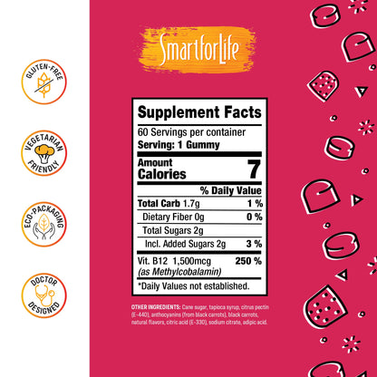 B12 Gummy Vitamins - 1500 mcg Vitamin B12 Gummies for Adults and Kids - Helps with Energy, Metabolism, Bone Nervous System Support Smart for LifeUS supplements