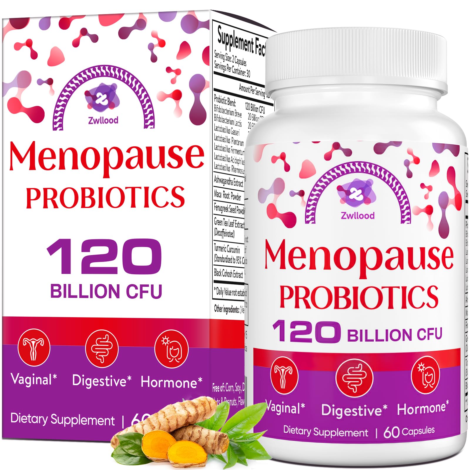 Menopause Supplements for Women, 120 Billion CFU Menopause Probiotics for Women, All-Natural Probiotic for Hot Flashes Menopause, Night Sweats, Mood Swings, Gut and Hormone - 60 Herbal Capsules ZwlloodAu supplements