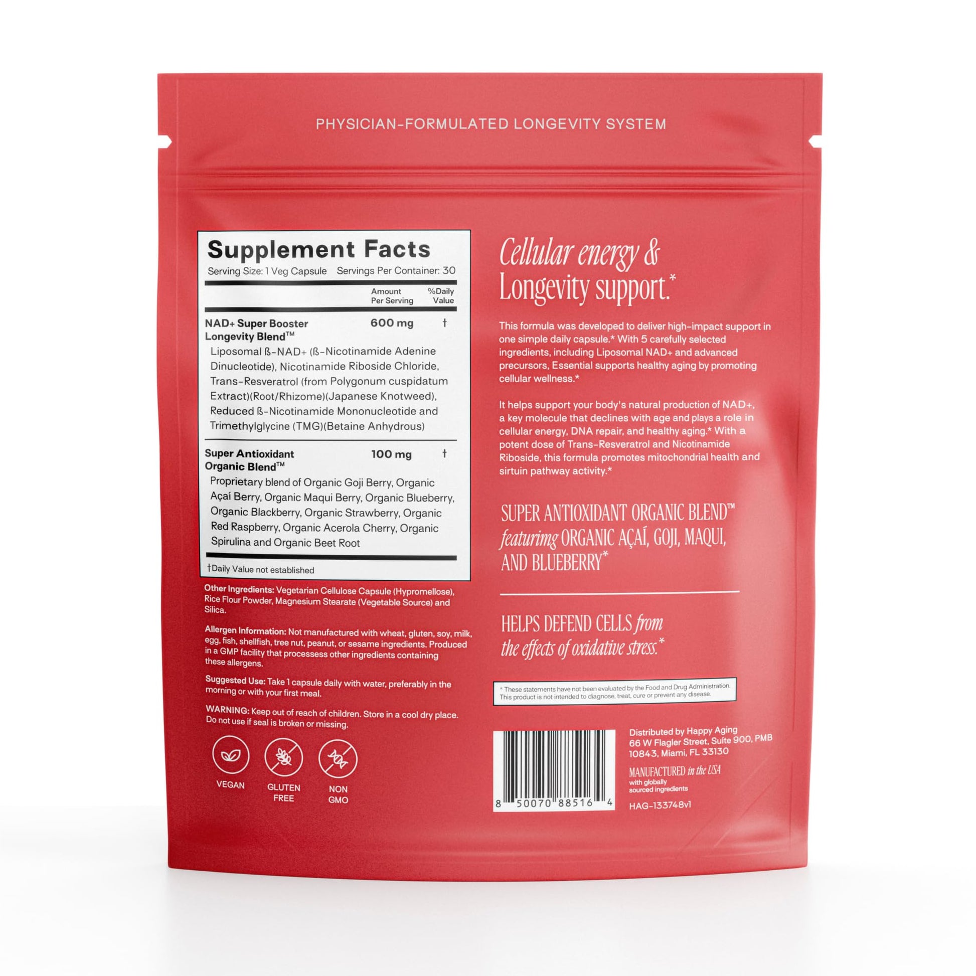 Happy Aging Essential Longevity Formula, NAD+ Super Booster with NR, NMNH & Liposomal β-NAD+, Organic Antioxidant Superfruit Blend for Cellular Energy, Skin Hydration & Daily Vitality, 30 Capsules Happy AgingAu supplements