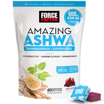 Force Factor Amazing Ashwa for Stress Relief, Memory, Focus, and Immune Support Health, Ashwaganda Supplement with KSM-66 Ashwagandha Force FactorUS supplements
