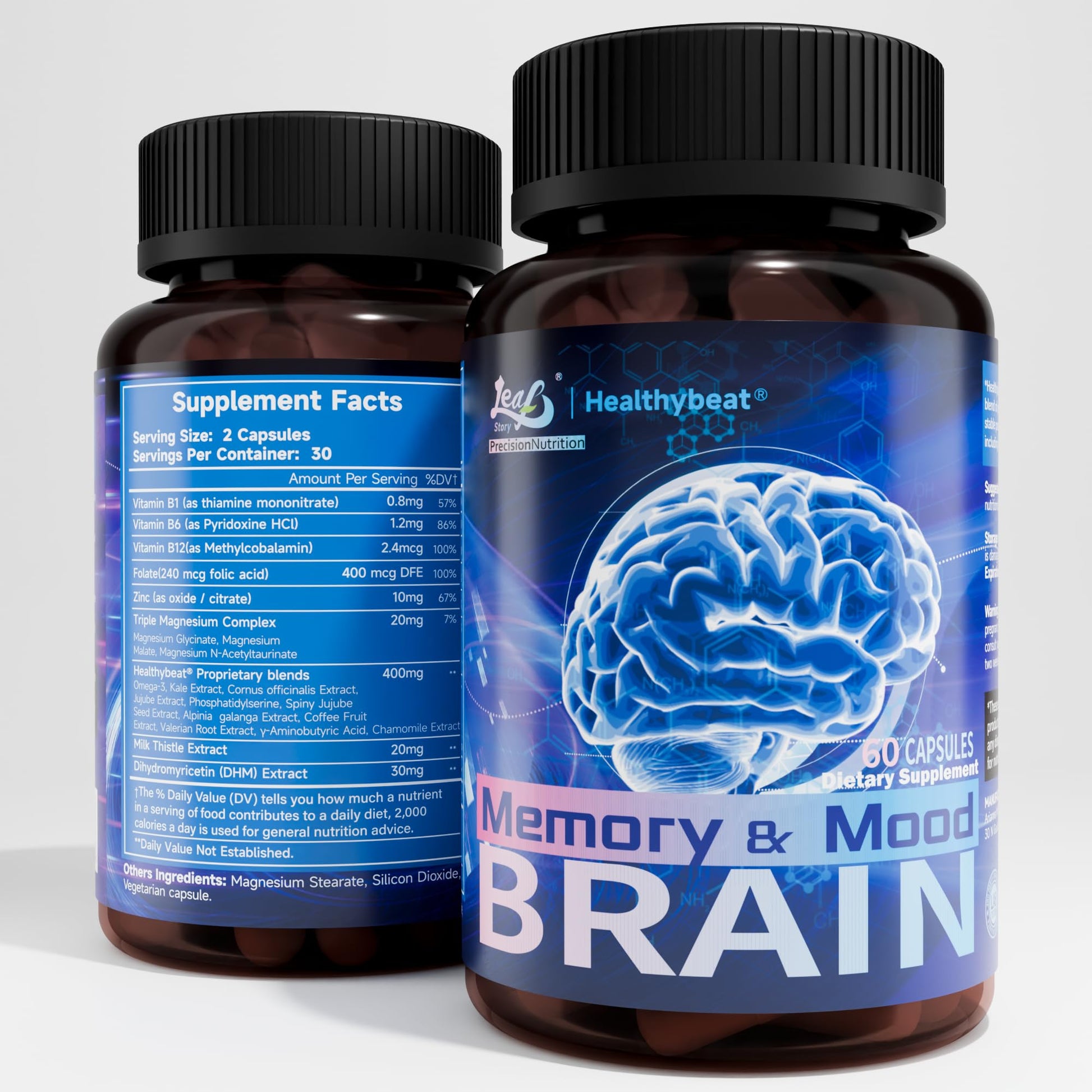 LeafStory Nootropic Brain Supplements for Memory and Focus, Cognitive Function for Mental Health & Clarity, Vitamin B6 B12, Folate & Dihydromyricetin, 60 Capsules LeafStoryAu supplements