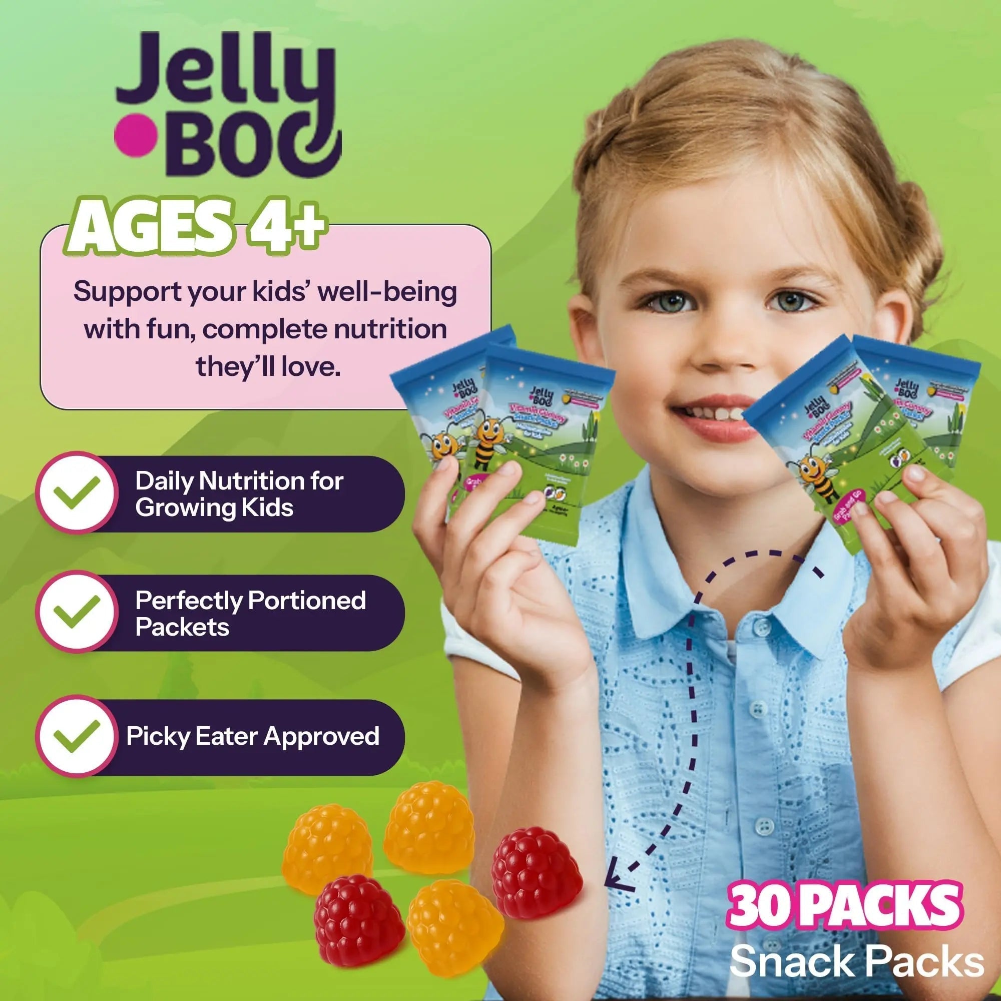 Kids Daily Multivitamin - Healthy Snacks For Kids – No Sugar, No Dyes, Monk Fruit Sweetened, Vegan, Gluten-Free- 100% Daily Value of Vitamins C, D3, Zinc Jelly.BooAu supplements