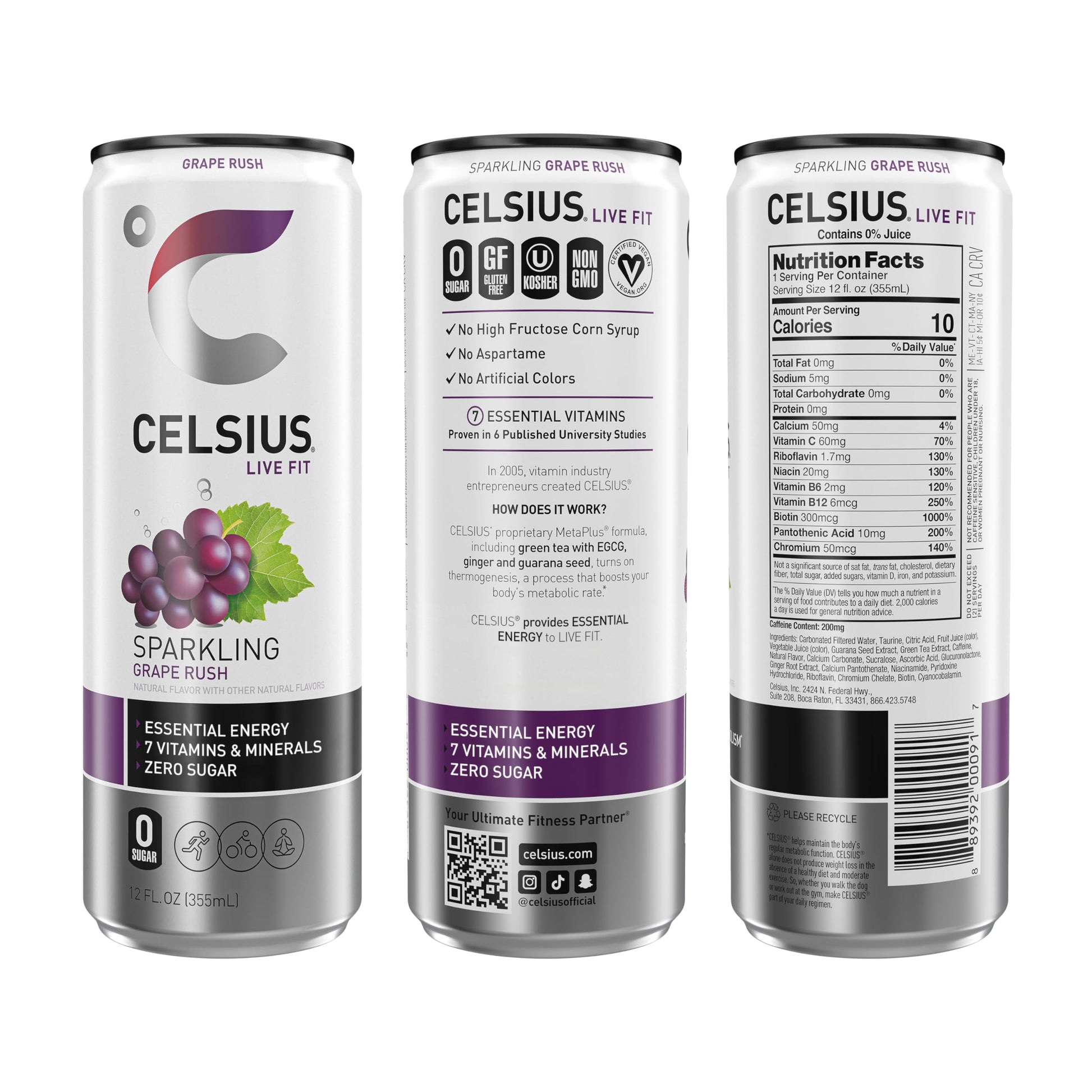 CELSIUS Sparkling Grape Rush, Functional Essential Energy Drink 12 Fl Oz (Pack of 12) CELSIUSUS supplements