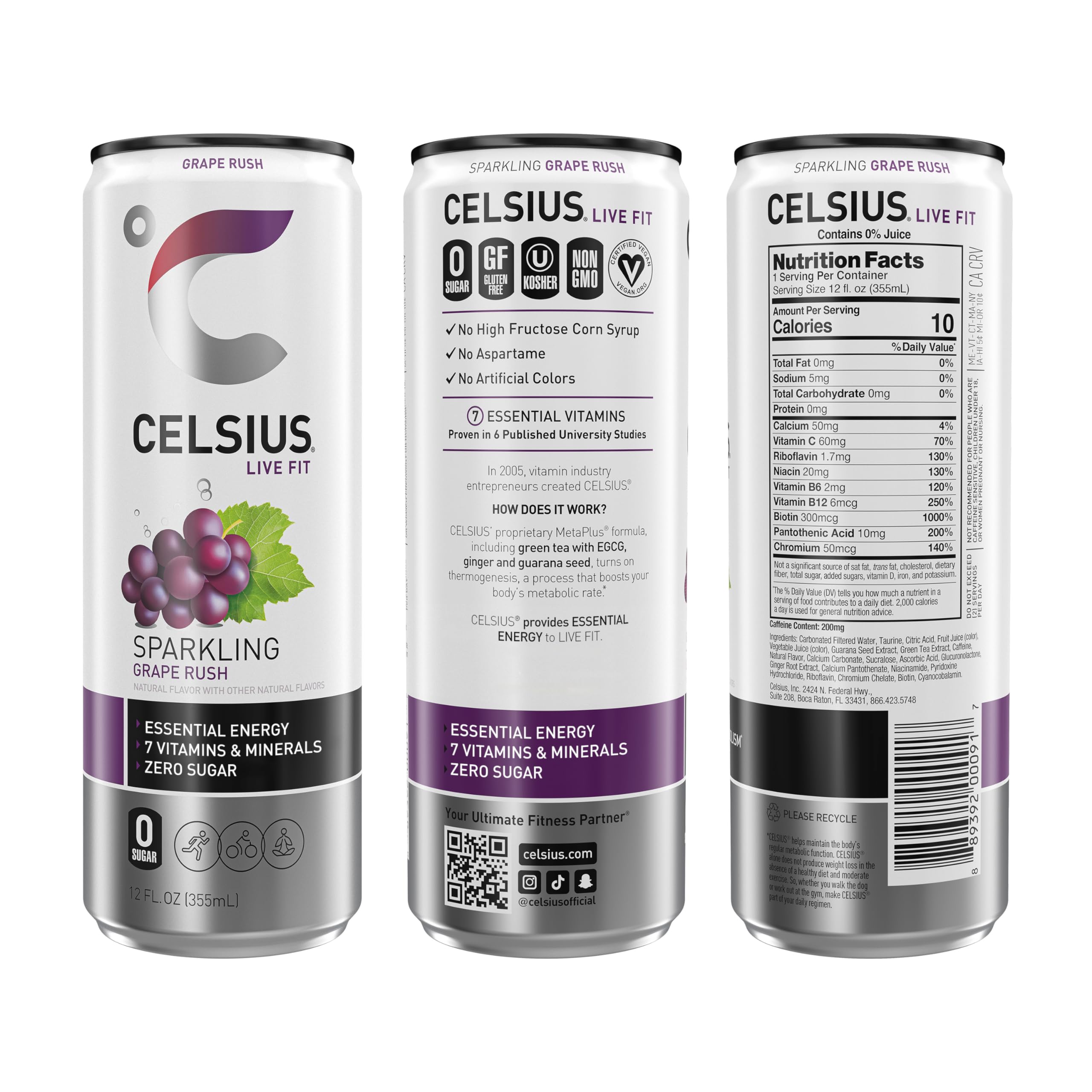 CELSIUS Sparkling Grape Rush, Functional Essential Energy Drink 12 Fl Oz (Pack of 12) CELSIUSUS supplements