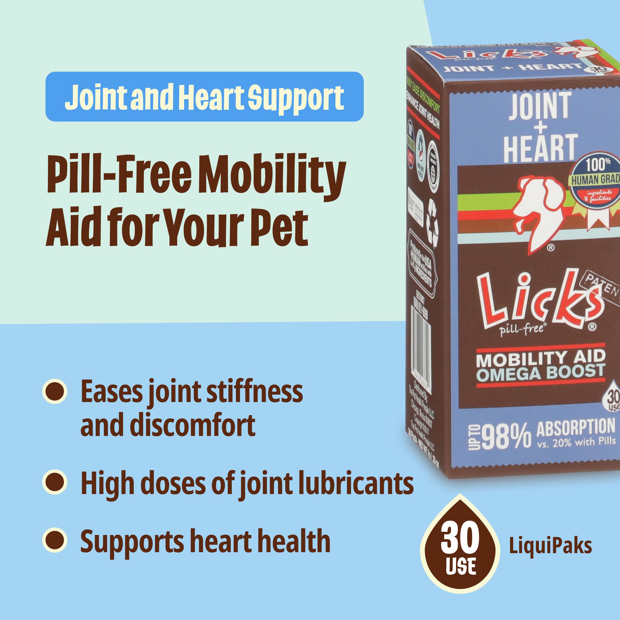 Licks Pill-Free Dog Joint and Heart - Glucosamine & Omega 3 Fish Oil Supplement for Dogs - Inflammation Supplements for Joint Support - Gel Packets - 30 Use Licks Pill FreeAu supplements
