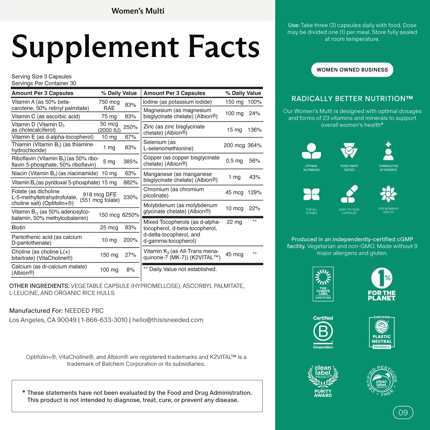 Needed. Multivitamin for Women with 23 Vitamins, Minerals and Antioxidants - Daily Womens Multivitamin Needed.Au supplements
