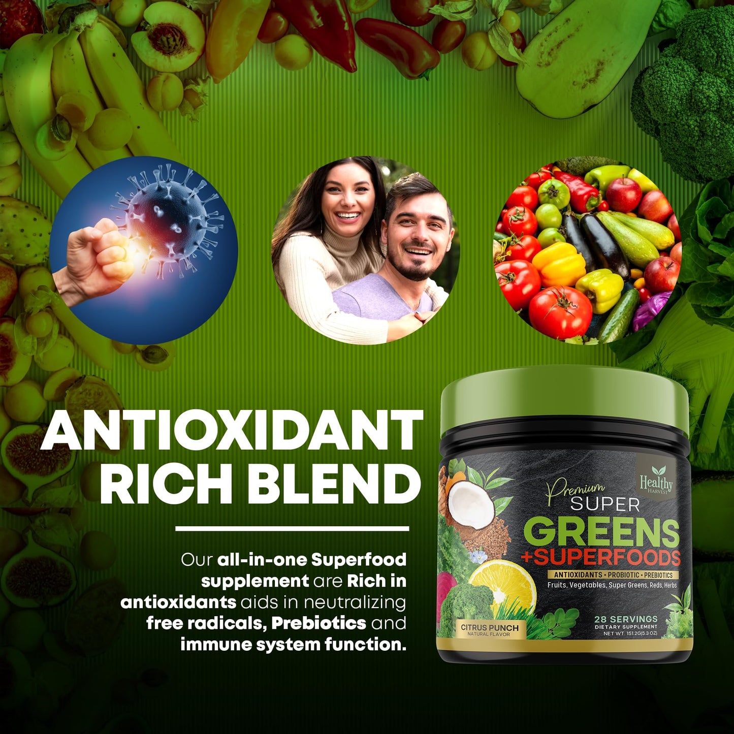 Greens Powder Superfood Supplement - Super Green Reds Smoothie Mix Blend with Spirulina Healthy Harvest NutritionUS supplements