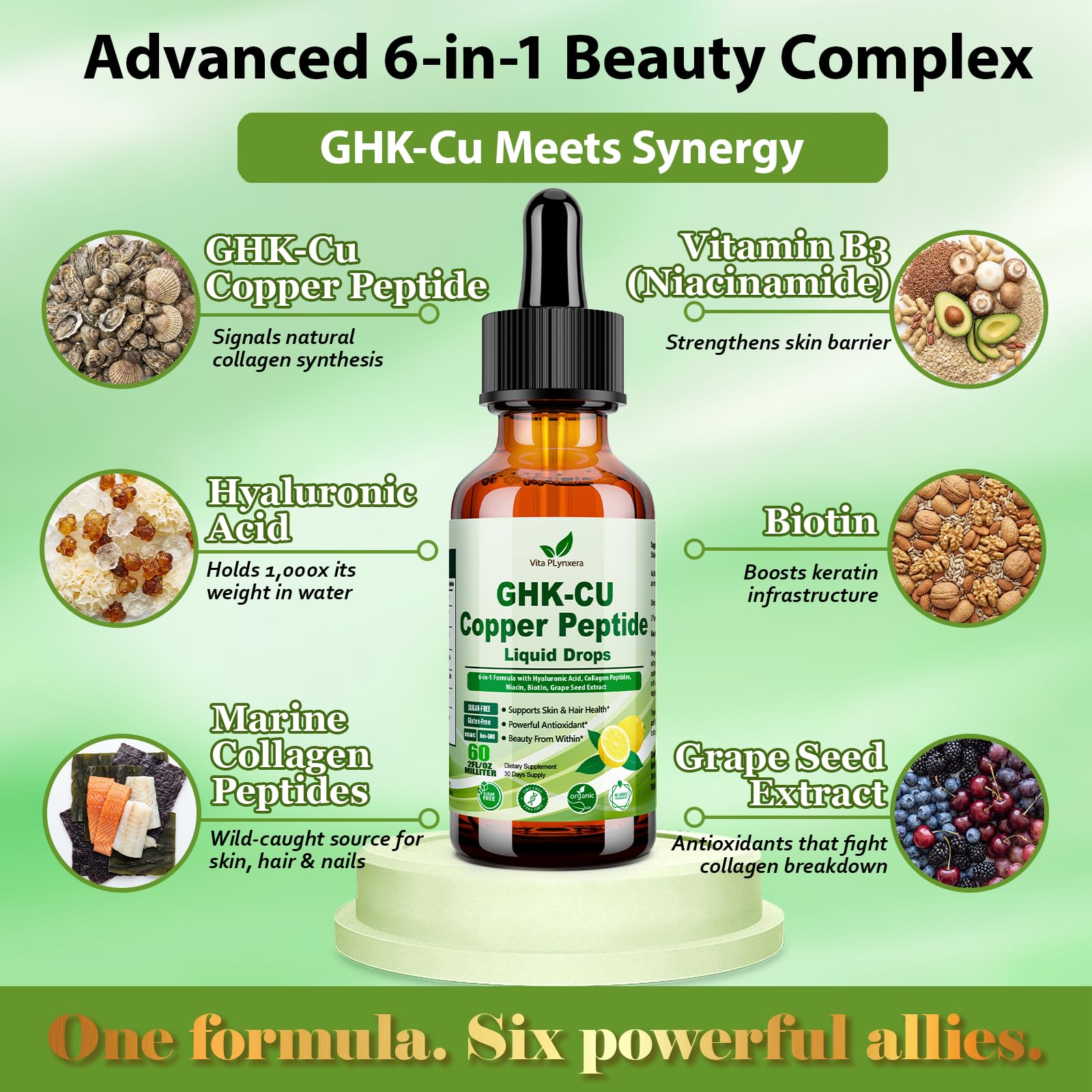 Vita PLynxera GHK-CU Peptide Supplement Liquid Drops, Premium 6-in-1 GHK CU Copper Peptides w. Marine Collagen Hyaluronic Acid Biotin for Anti-Aging, Skin Hair Growth Support, Oral Drops丨Women Men Vita PLynxeraAu supplements