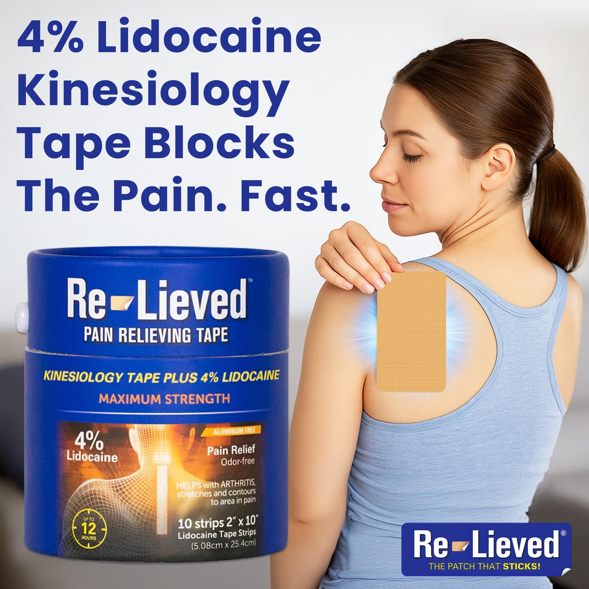 4% Lidocaine Maximum Strength Pain Relief Kinesiology Tape - Relieves Back, Joints and Muscle Pains - Superior Sticking, Aluminum-Free Water Resistant, and USA Made - 2" x 10" Strips Re-lievedAu supplements