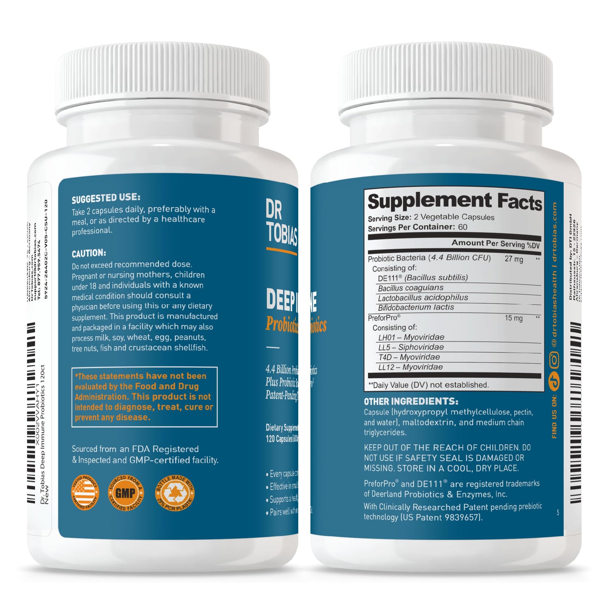 Dr. Tobias Deep Immune Probiotics & Prebiotics - Dual Action Digestion & Immune Support with PreforPro Prebiotics & Spore Forming Probiotics for Women & Men - 120 Capsules (60 Servings) Dr. TobiasAu supplements