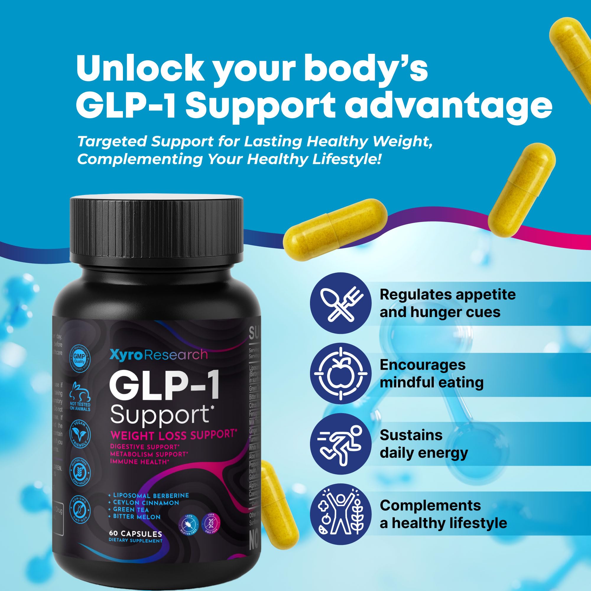 Xyro Research GLP-1 Support Weight Loss Supplement - Appetite Suppressant & Metabolism Booster to Support Natural Hunger Control Curb Cravings Burn Fat & Gut Wellness Xyro ResearchAu supplements