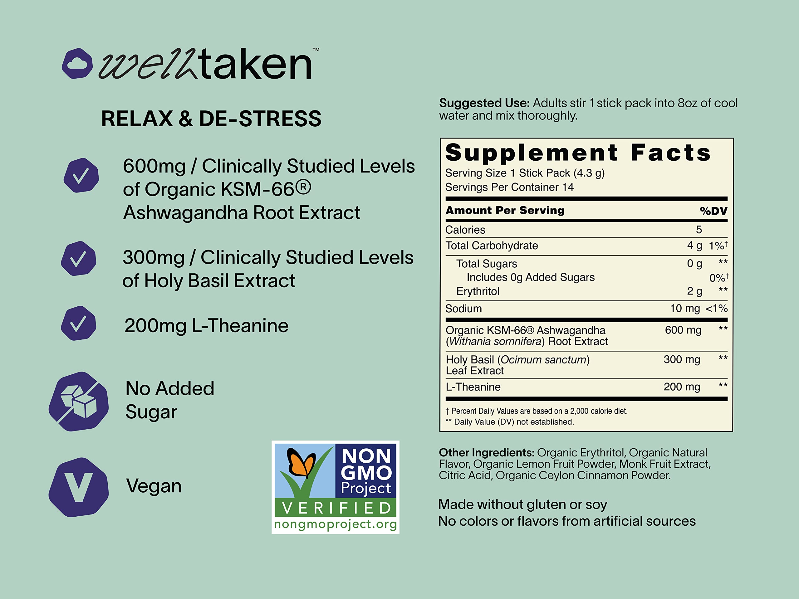 WellTaken Ashwagandha Relax & De-Stress Powder - Lemon Lavender 14ct Box - 600mg Ashwagandha, 200mg L-Theanine, Holy Basil – Supports Stress, Relaxation – Vegan, No Added Sugar - 14 Servings WellTakenAu supplements