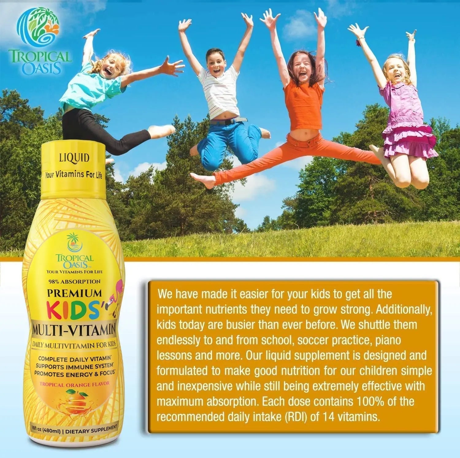 Premium Liquid Multivitamin For Kids | Sugar Free Kids Vitamins | 100% DV of 14 Vitamins for Kids | Multivitamin for Children Ages 4+ | Tropical OasisAu supplements