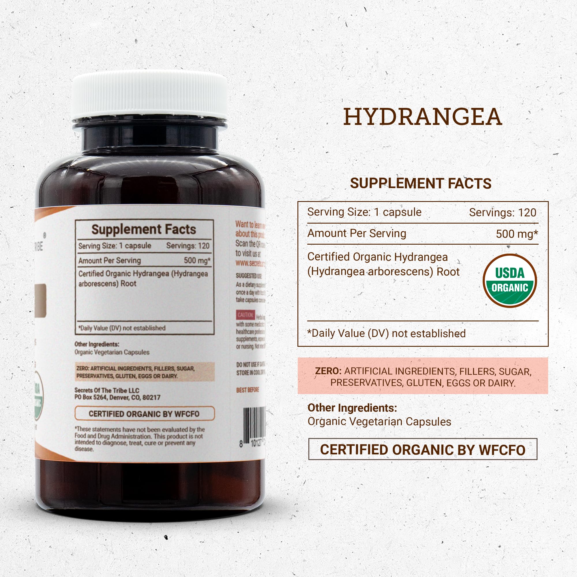 Secrets of the Tribe Hydrangea USDA Organic Capsules | Certified Organic Vegetarian Capsules, Herbal Dietary Supplement | Hydrangea arborescens Dried Root (120 Count) Secrets of the TribeAu supplements
