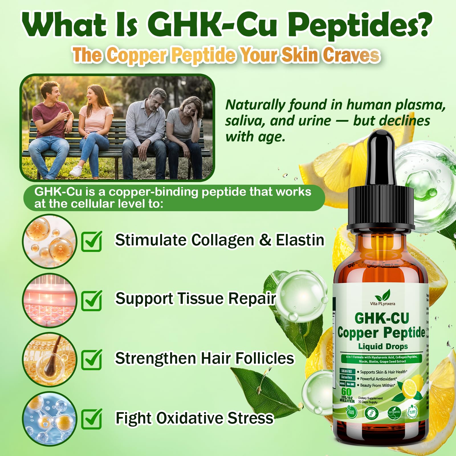 Vita PLynxera GHK-CU Peptide Supplement Liquid Drops, Premium 6-in-1 GHK CU Copper Peptides w. Marine Collagen Hyaluronic Acid Biotin for Anti-Aging, Skin Hair Growth Support, Oral Drops丨Women Men Vita PLynxeraAu supplements