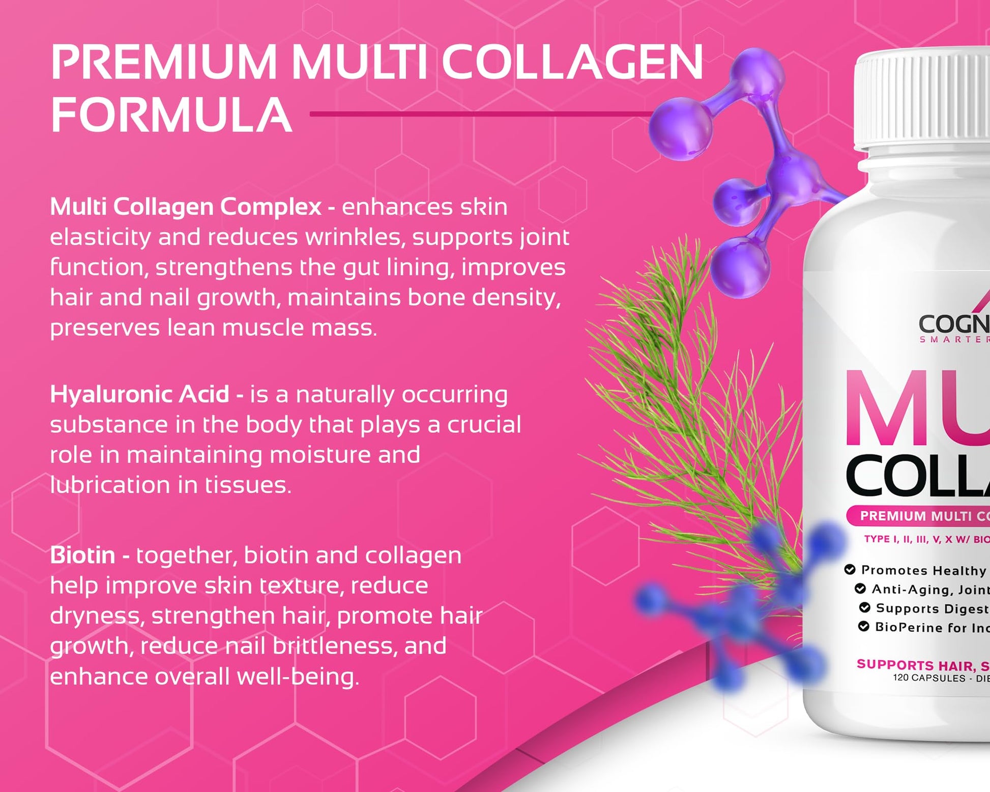 CogniTune Multi Collagen Peptides for Women with Biotin, Hyaluronic Acid, Vitamin C - 5 Types I II III V X Colageno Hidrolizado - 2000mg Hair Skin Nails Joints Support - 120 Capsules CogniTuneAu supplements
