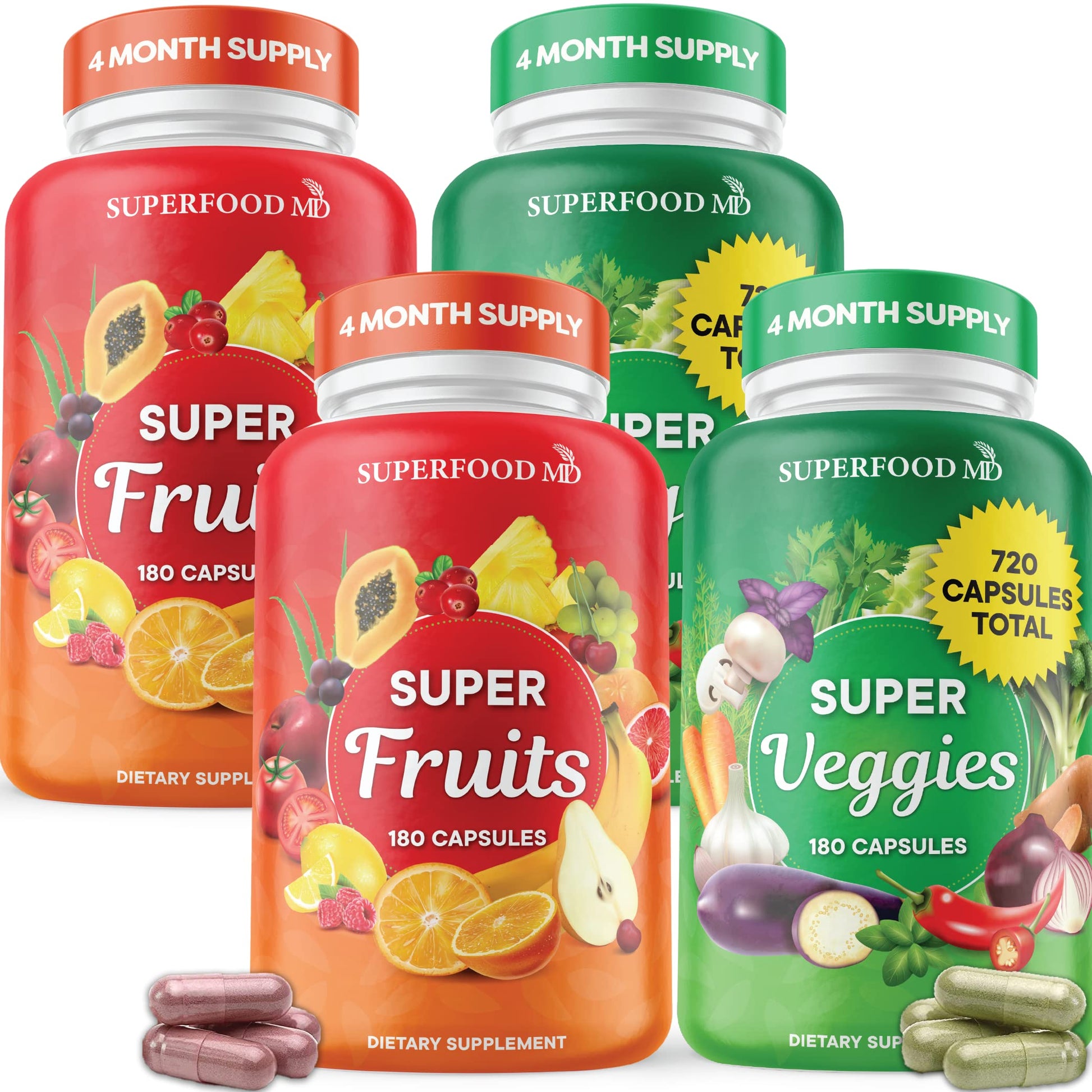 Superfood Fruit and Veggie Supplement - Fruit and Veggie Capsules 100% Whole Super Fruits and Super Vegetables Supplements & Vitamins, with Beta Carotene (720 Count (Pack of 4)) Superfood MDAu supplements