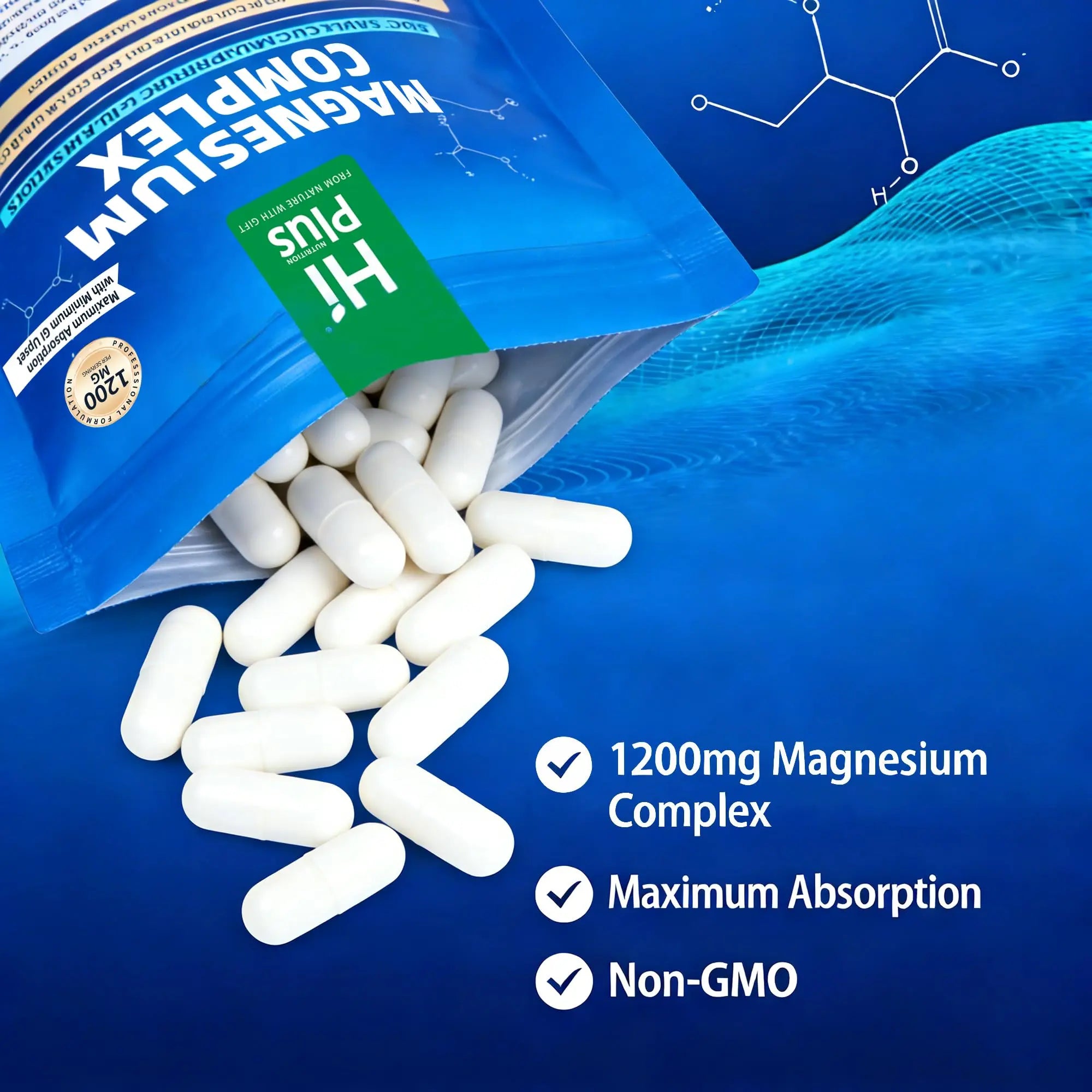 Magnesium Complex Supplement with 10 Forms of Elemental Magnesium, 1200 mg per Serving, Magnesium Glycinate, Citrate, Malate & Taurate, High Absorption Vegan Capsules, Non-GMO HiPlusnz supplements
