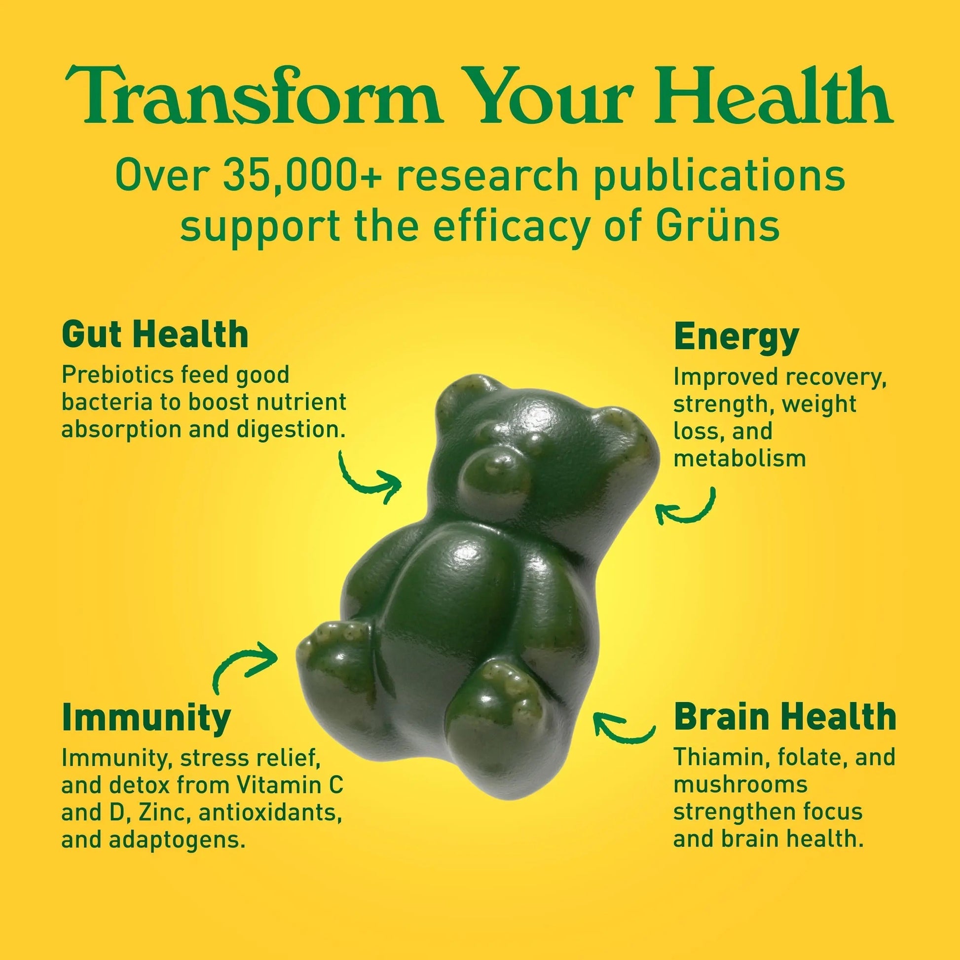 Gruns Adults Super Greens Multivitamin Gummies, Superfood Vitamin Gummy Bears with Spirulina, Chlorella, Prebiotic Fiber for Digestive Health GrünsAu supplements