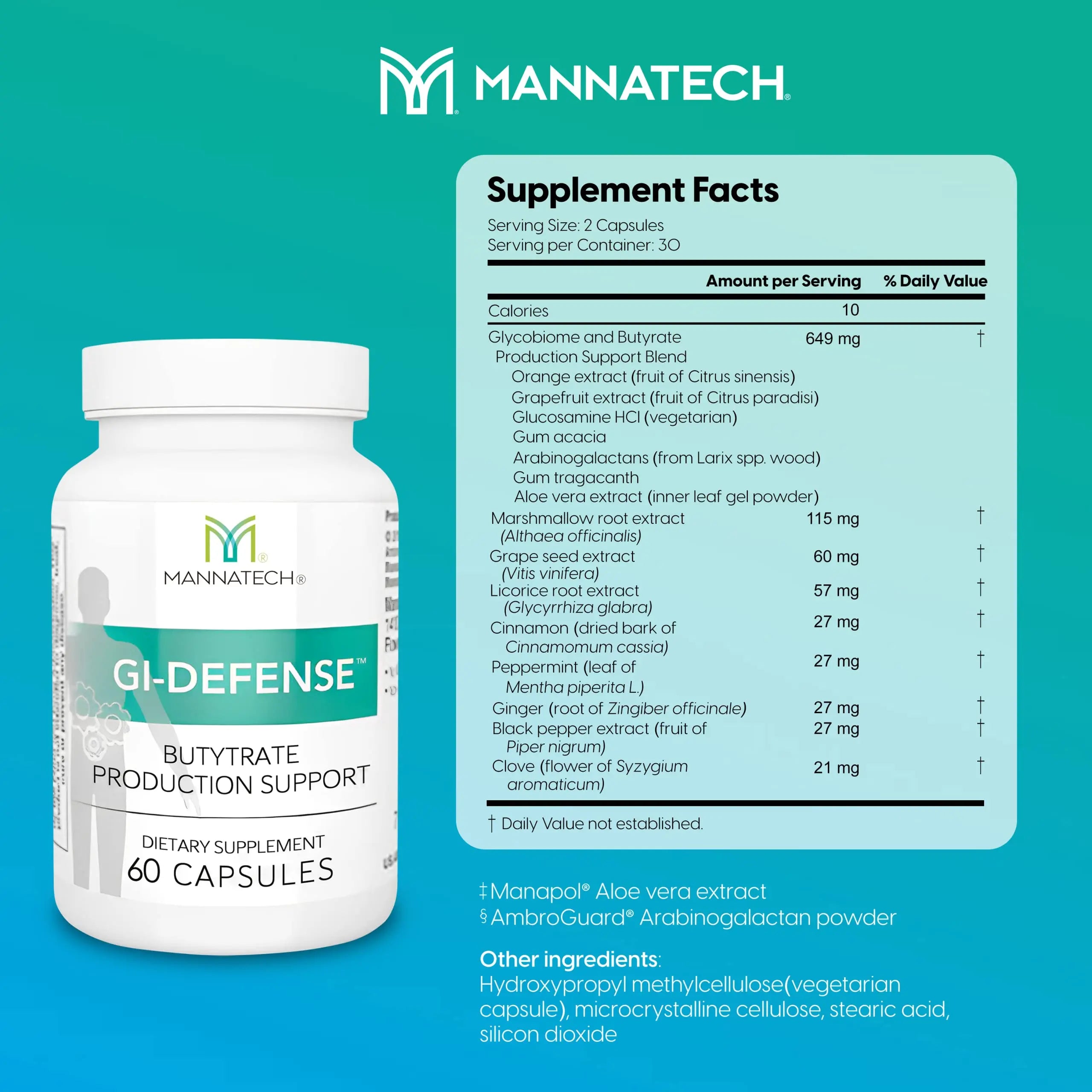 Mannatech Butyrate Supplement - Supports Gut Barrier Function, Intestinal Health, and Digestive Comfort - Promotes Short Chain Fatty Acid Production, Immune Support Supplement GI-Defense 60 Capsules Mannatechnz supplements