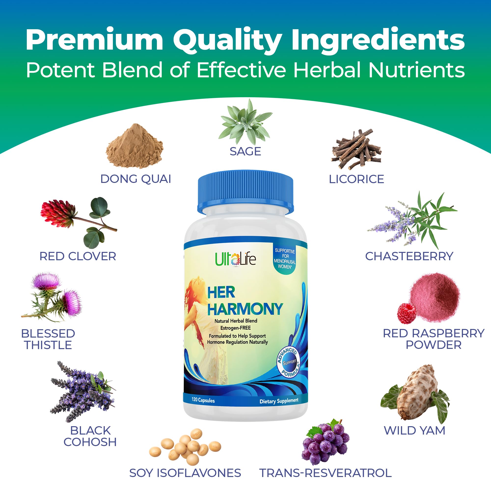 UltaLife Her Harmony Menopause Supplements for Women - Hot Flashes Menopause Relief & Hormone Balance for Women - Contains Black Cohosh, Dong Quai, Red Clover & More - Estrogen Free - 120 Capsules ULTALIFEAu supplements