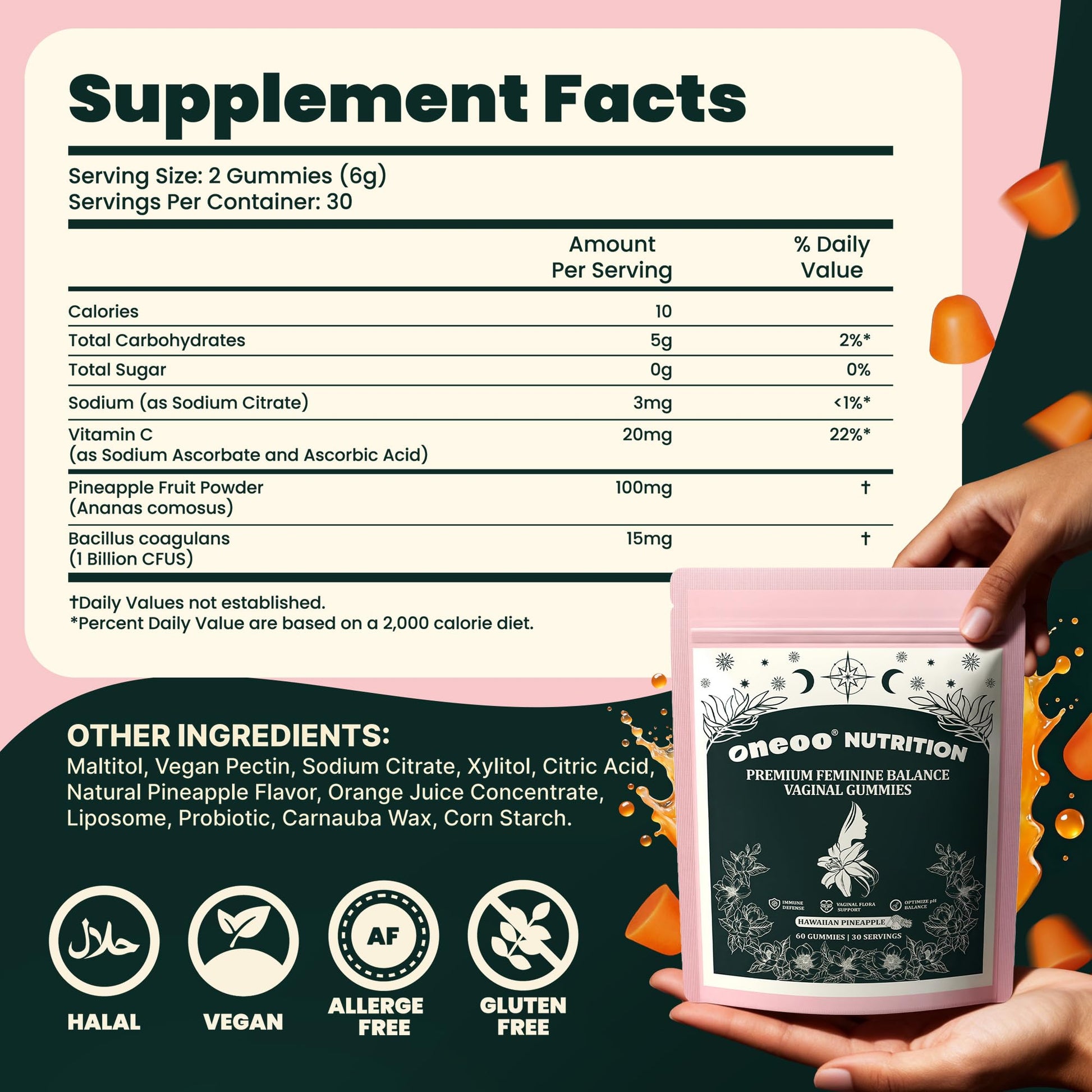 Oneoo Feminine Balance Gummies - Premium Balance Gummies for Women's pH Health, Feminine Gummy for Immune & Energy Support, Vegan, Gluten-Free, Hawaiian Pineapple, 60 Count OneooAu supplements