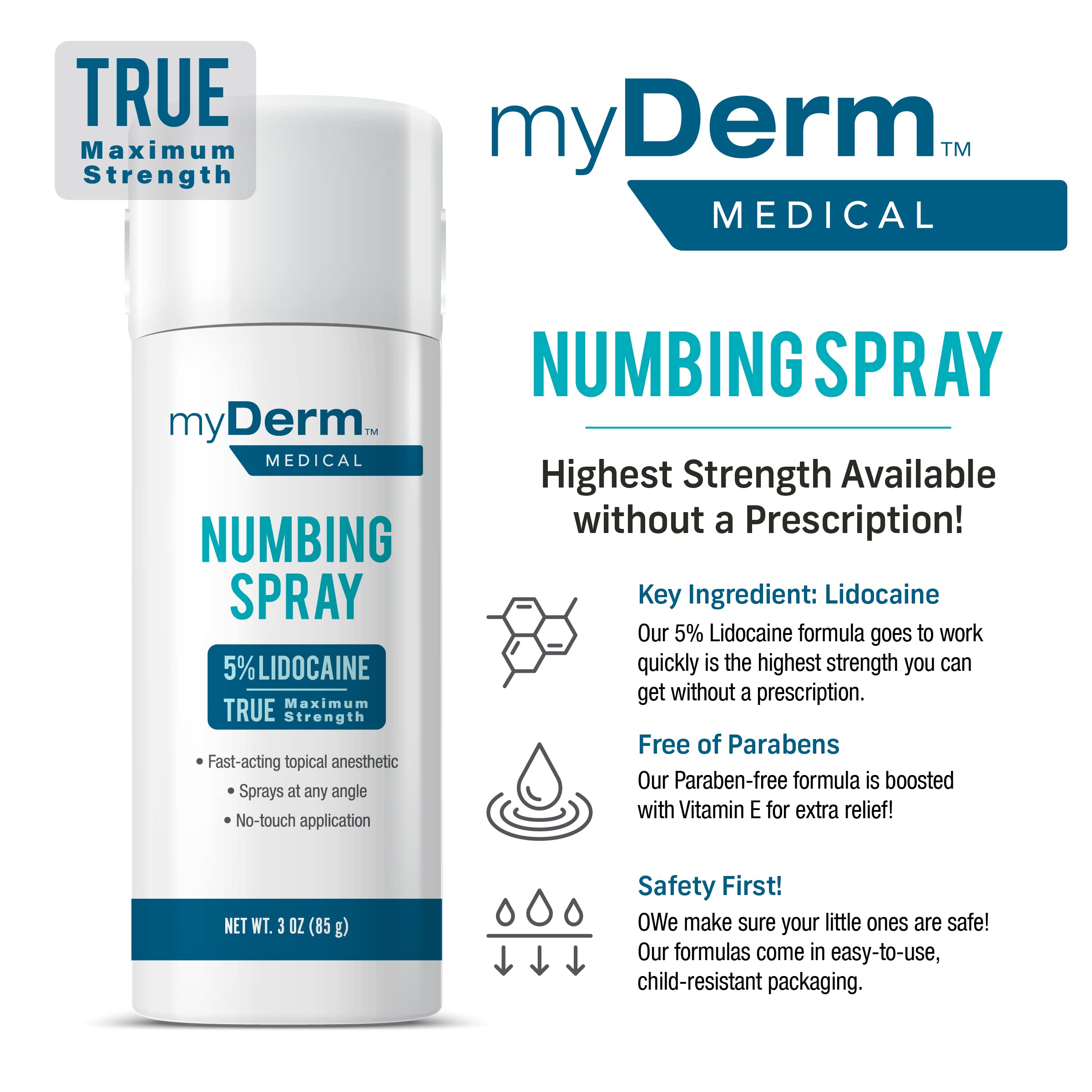 Myderm Medical Numbing Spray - 4.5oz - Maximum Strength 5% Lidocaine with Phenylephrine HCl and Witch Hazel - Fast-Acting Reliever with A Touch-Free Application - First Aid Supplies - Made in USA MydermAu supplements