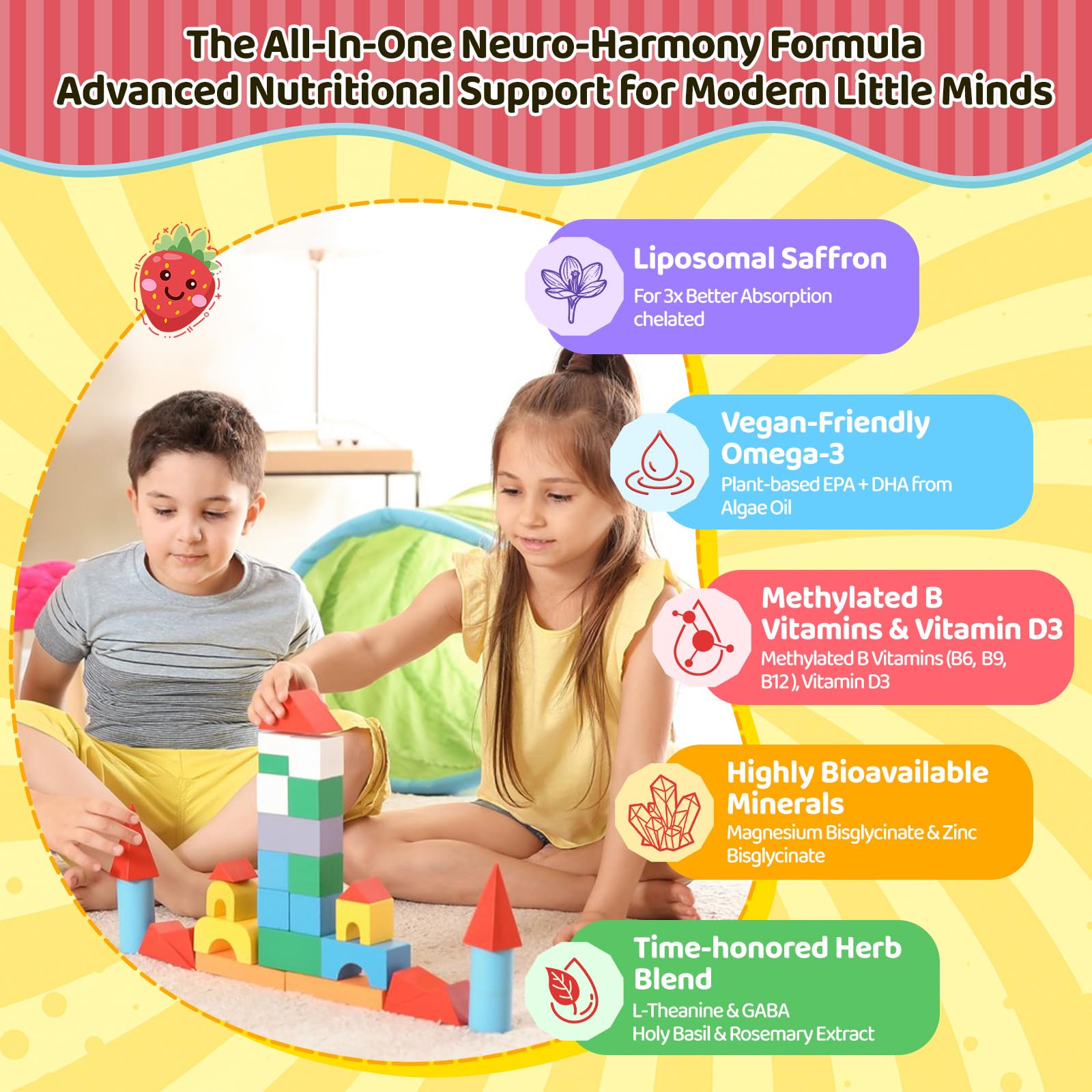 Liposomal Saffron Gummies for Kids 4+, Saffron Supplements w/Holy Basil, Rosemary, Magnesium Glycinate, Omega-3 & More, Brain Focus Support Supplement, Vegan, Organic, Sugar Free, 60 Chewables duwhotAu supplements