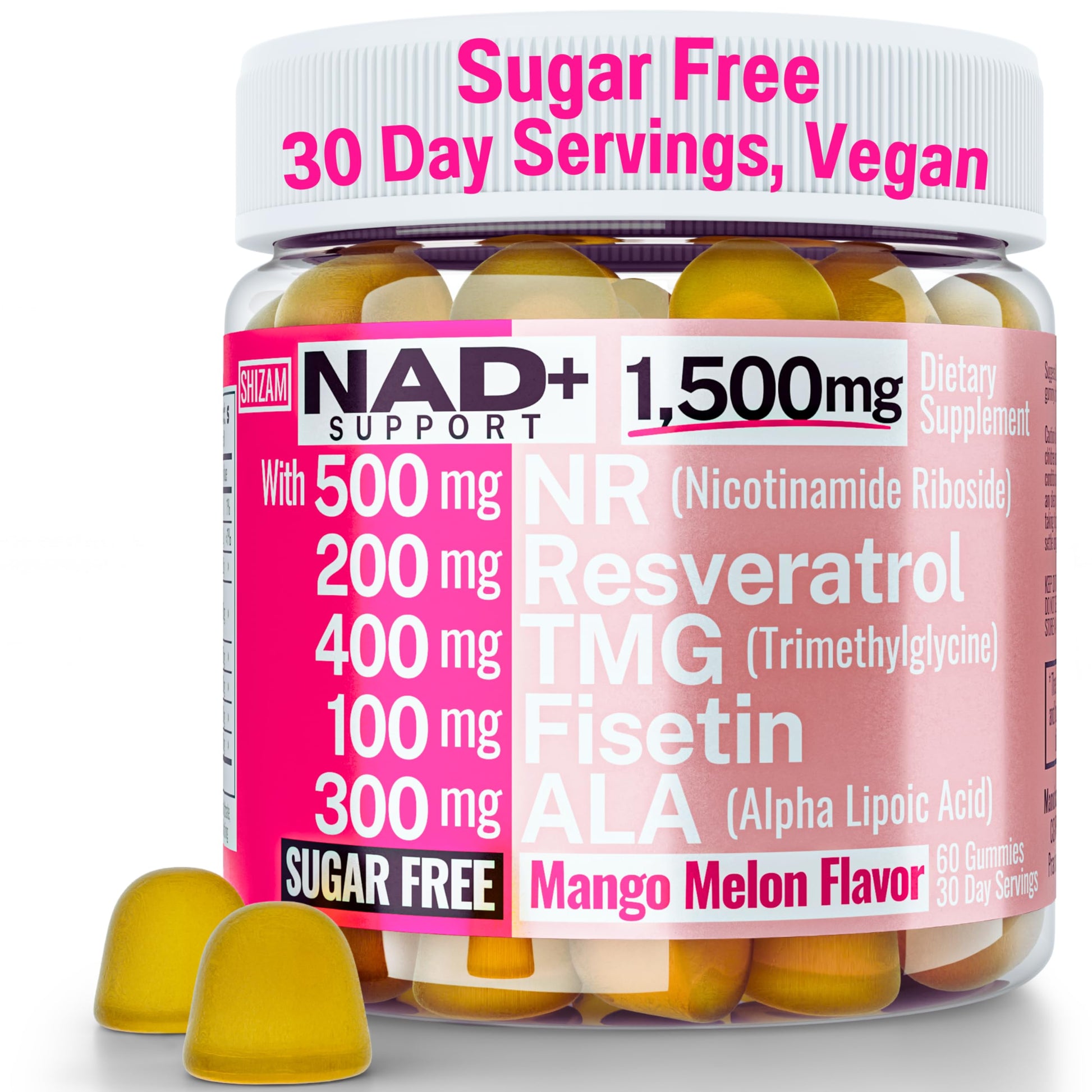 1500mg NAD+ Sugar Free Gummies | NAD + Plus NR TMG ALA Trans-Resveratrol Fisetin Supplements | Nicotinamide Riboside Trimethylglycine Alpha Lipoic Acid Betaine Pills Capsules Tincture Supplement Alt SHIZAMAu supplements