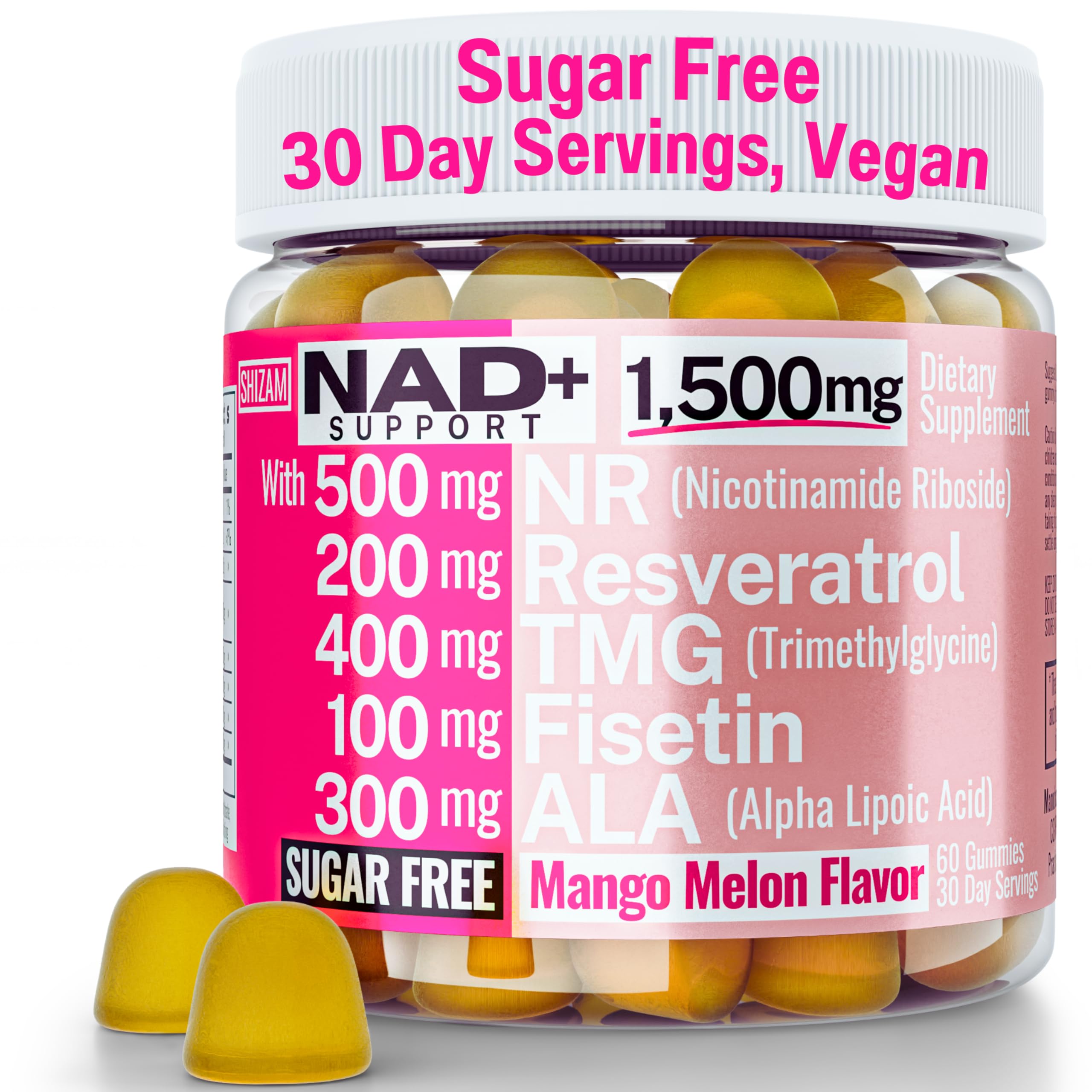 1500mg NAD+ Sugar Free Gummies | NAD + Plus NR TMG ALA Trans-Resveratrol Fisetin Supplements | Nicotinamide Riboside Trimethylglycine Alpha Lipoic Acid Betaine Pills Capsules Tincture Supplement Alt SHIZAMAu supplements