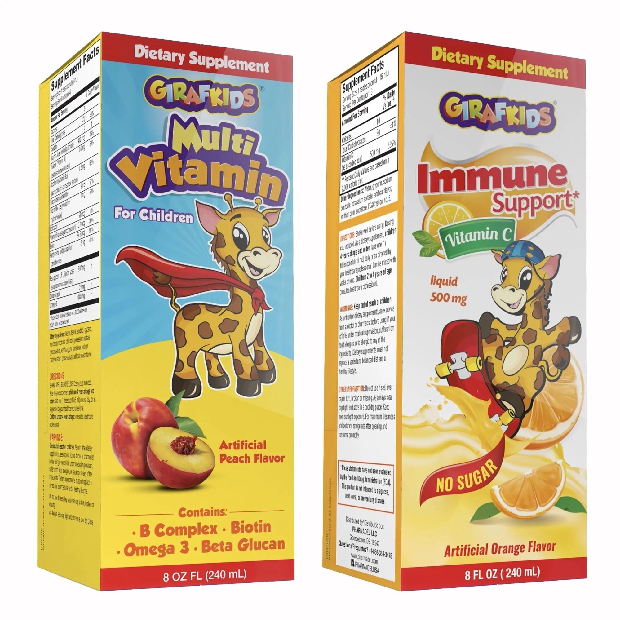 GirafKids Multivitamin Syrup + Liquid Vitamin C Bundle for Kids Ages 4+ | Omega-3, Beta Glucan, Folic Acid & Antioxidant Support | Peach & Orange Flavors PHARMADELAu supplements