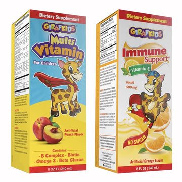 GirafKids Multivitamin Syrup + Liquid Vitamin C Bundle for Kids Ages 4+ | Omega-3, Beta Glucan, Folic Acid & Antioxidant Support | Peach & Orange Flavors PHARMADELAu supplements
