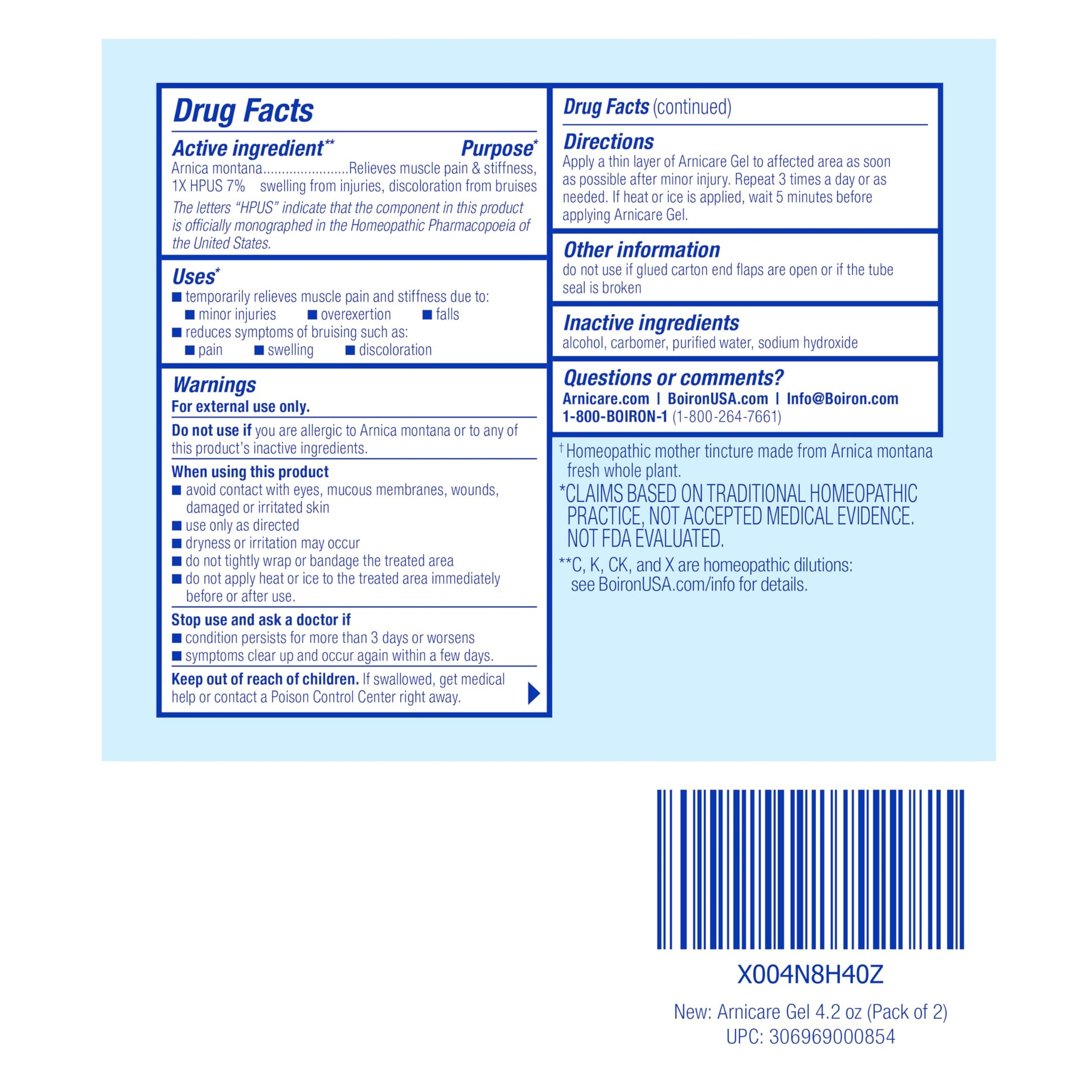 Boiron Arnicare Gel 4.2 oz (Twin Pack) for Joint Pain Relief, Muscle Pain, Muscle Soreness, and Swelling from Bruises or Injury - Non-Greasy and Fragrance-Free Arnica BoironAu supplements