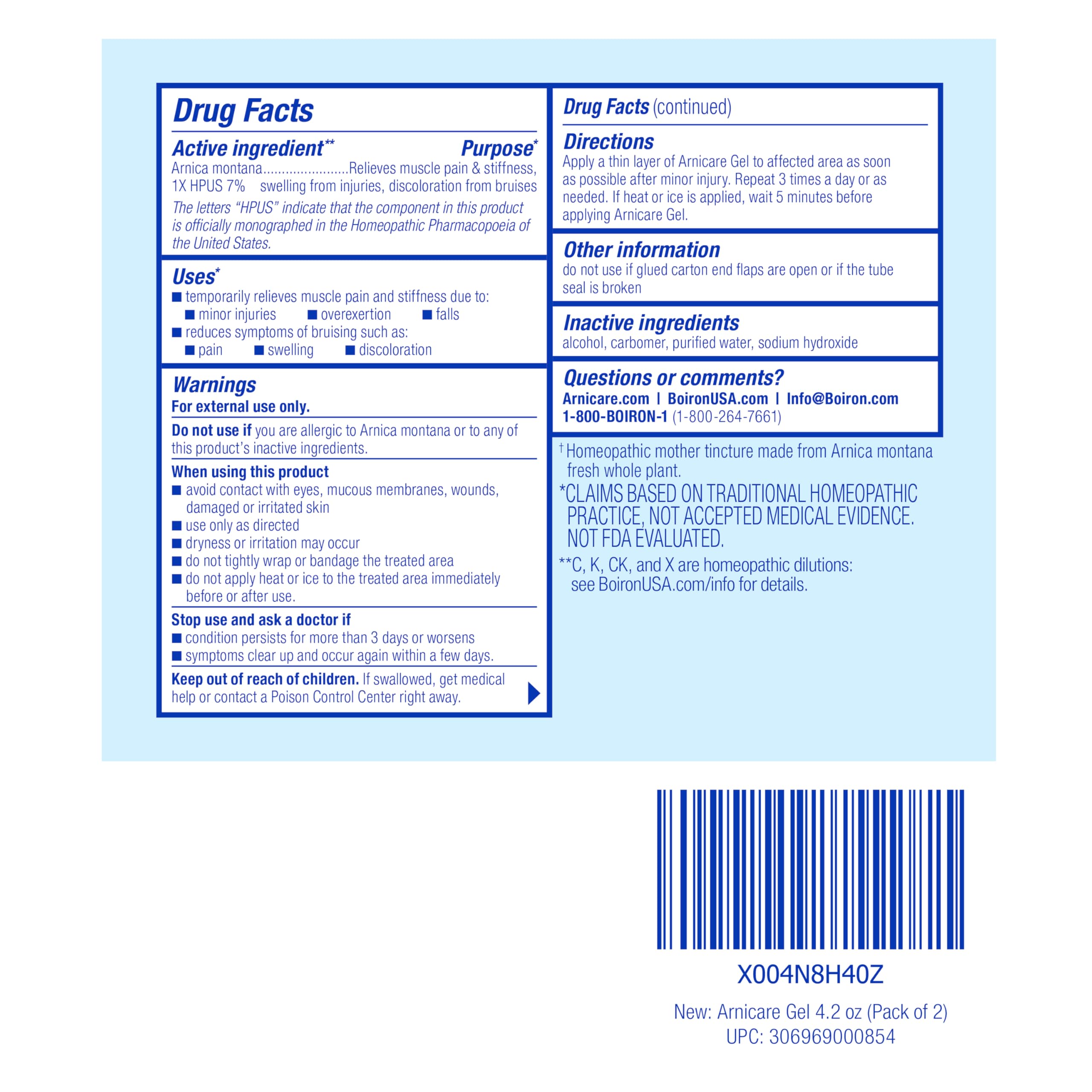 Boiron Arnicare Gel 4.2 oz (Twin Pack) for Joint Pain Relief, Muscle Pain, Muscle Soreness, and Swelling from Bruises or Injury - Non-Greasy and Fragrance-Free Arnica BoironAu supplements