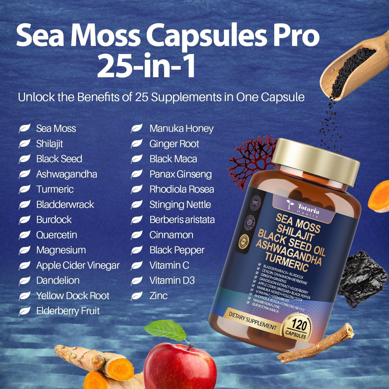 25-in-1 Sea Moss Black Seed Oil Ashwagandha Ginger Shilajit Supplement, Sea Moss Capsules Pro with Bladder Burdock Ceylon Cinnamon Berberine ACV Manuka VIT C & D3 for Men Women, 120 Vegan Caps TotariaAu supplements