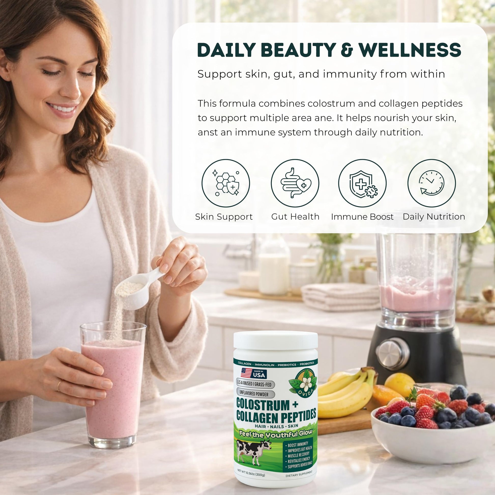 Bovine Colostrum and Hydrolyzed Collagen Peptides Powder Supplement for Women & Men - Supports Gut Health, Joint & Bone Health, Hair Skin Nails - Grass-Fed, Non-GMO, Gluten Free, 300g (30 Servings) OVIDAAu supplements