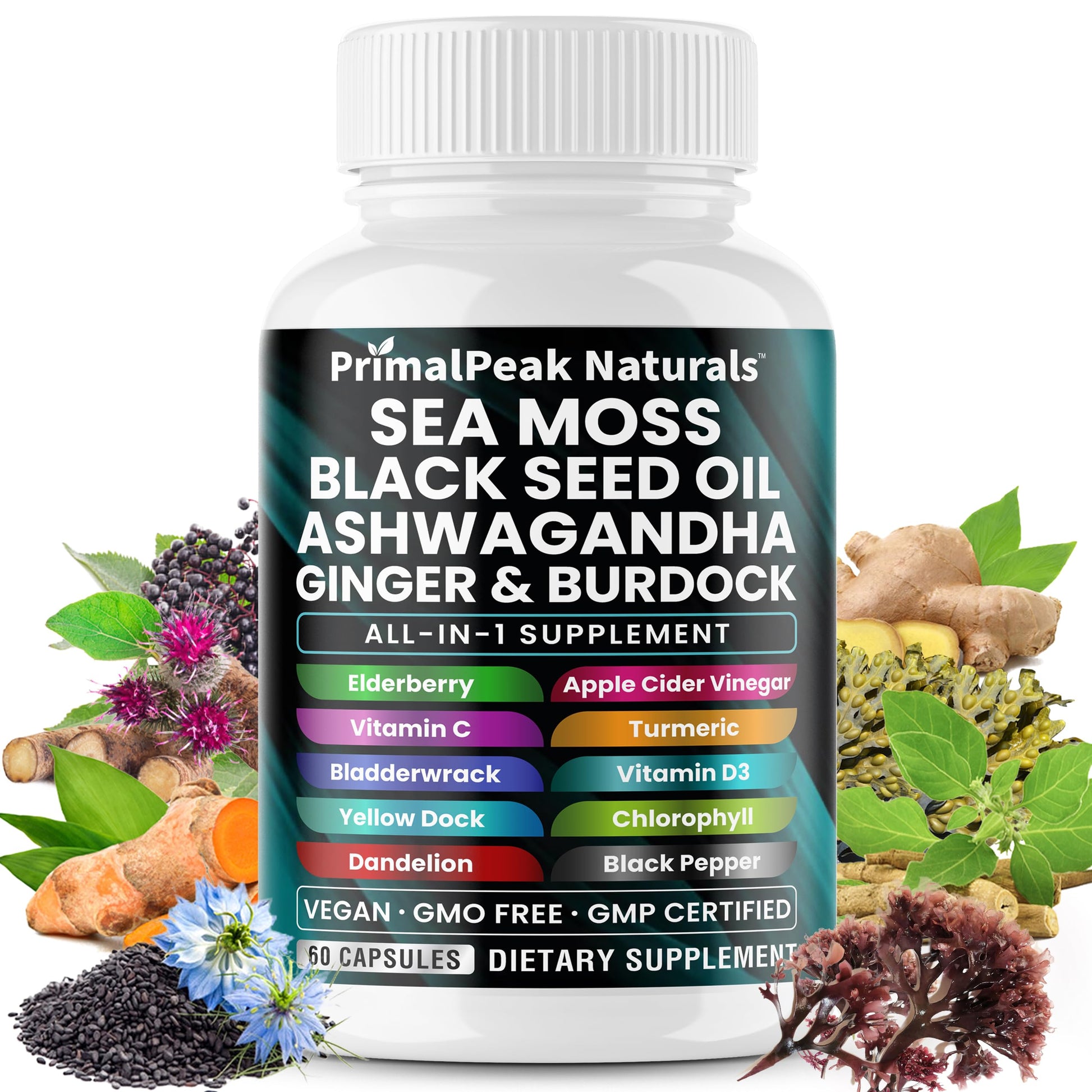 PrimalPeak Naturals Sea Moss Black Seed Oil Ashwagandha Ginger Burdock Bladderwrack Turmeric & Vitamin C Vitamin D3 with ACV Elderberry Chlorophyll Dandelion Yellow Dock Vegan Capsules - 60 Count PrimalPeak NaturalsAu supplements