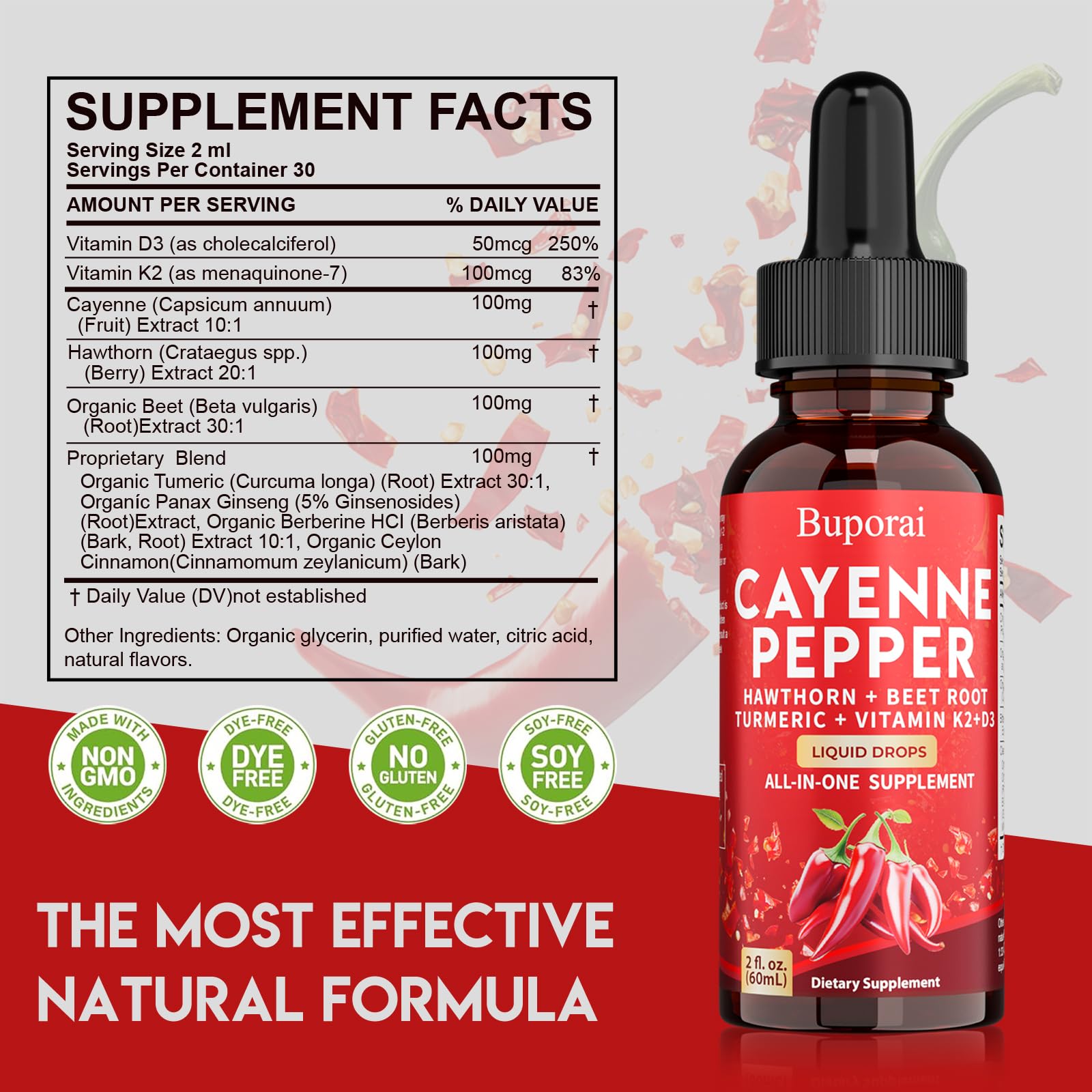 Buporai Cayenne Pepper Drops, Cayenne Pepper Extract Liquid Supplement for Overall Well-Being, 2 fl oz, Vitamin D3 K2 Beet Root Powder BuporaiAu supplements