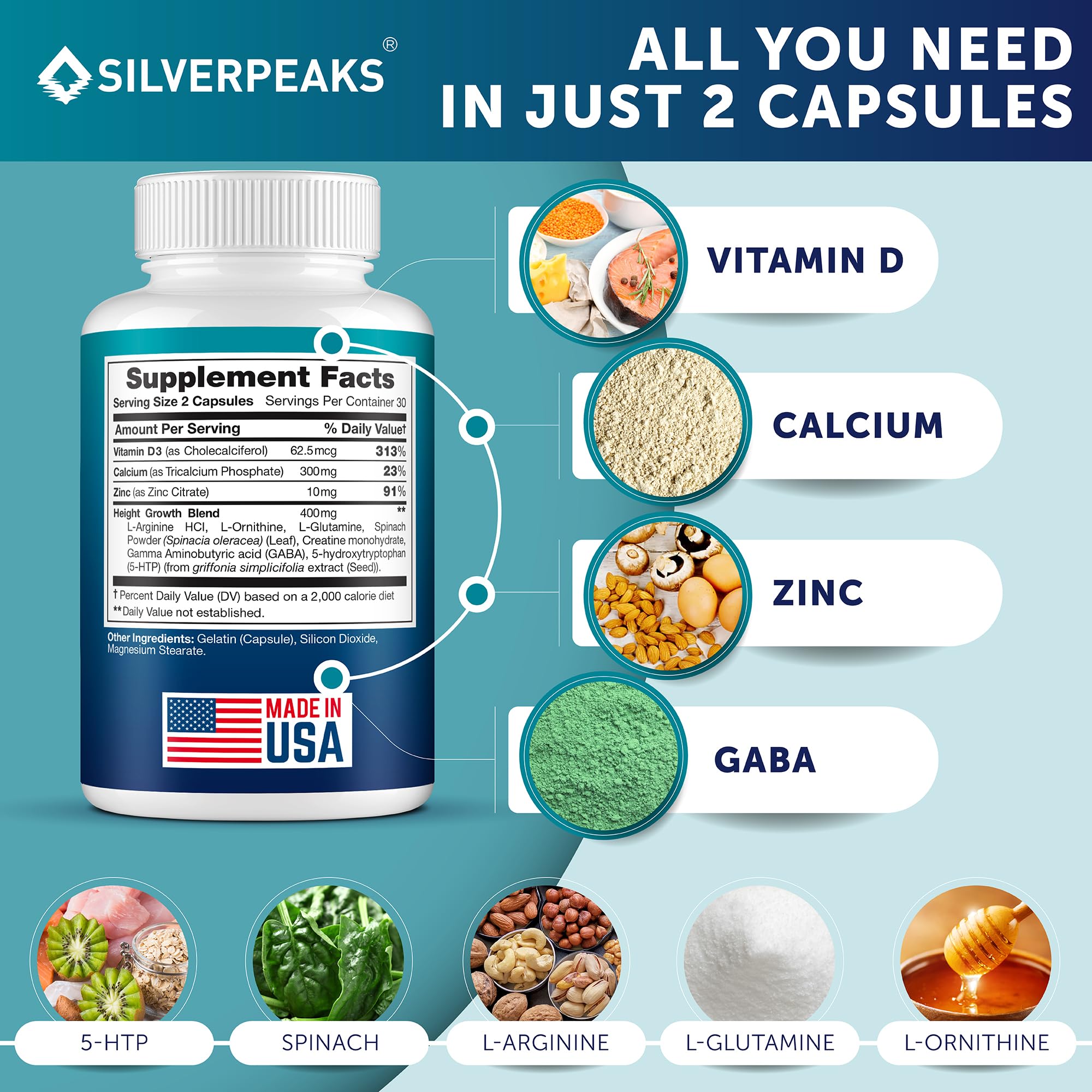 Calcium Supplement with Vitamin D3 and Zinc for Bone Health – Supports Bone Strength & Density – Gentle Non-Constipating Mineral & Amino Acids Blend for Women & Men - 60 Capsules (30 Day Supply) SILVERPEAKSAu supplements