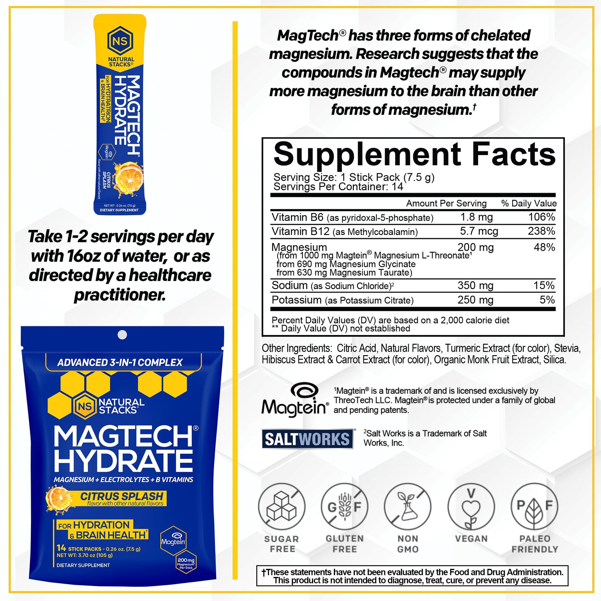 MagTech Magnesium Hydrate Packets - Sugar Free Hydration Powder - Magtein Magnesium L-Threonate, Glycinate & Taurate - 200mg Chelated Triple Complex - Supports Hydration & Brain Health* - 14 Servings NATURAL STACKSAu supplements