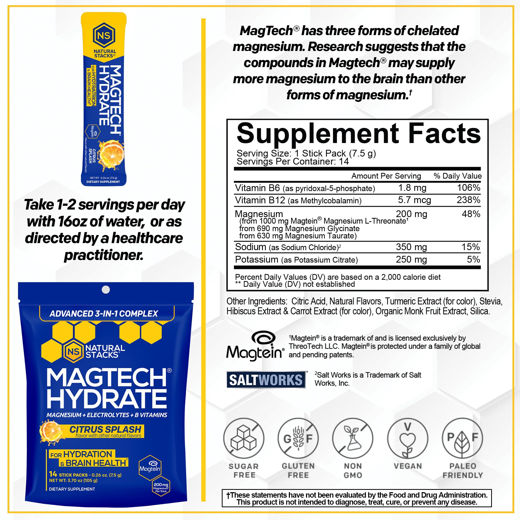 MagTech Magnesium Hydrate Packets - Sugar Free Hydration Powder - Magtein Magnesium L-Threonate, Glycinate & Taurate - 200mg Chelated Triple Complex - Supports Hydration & Brain Health* - 14 Servings NATURAL STACKSAu supplements